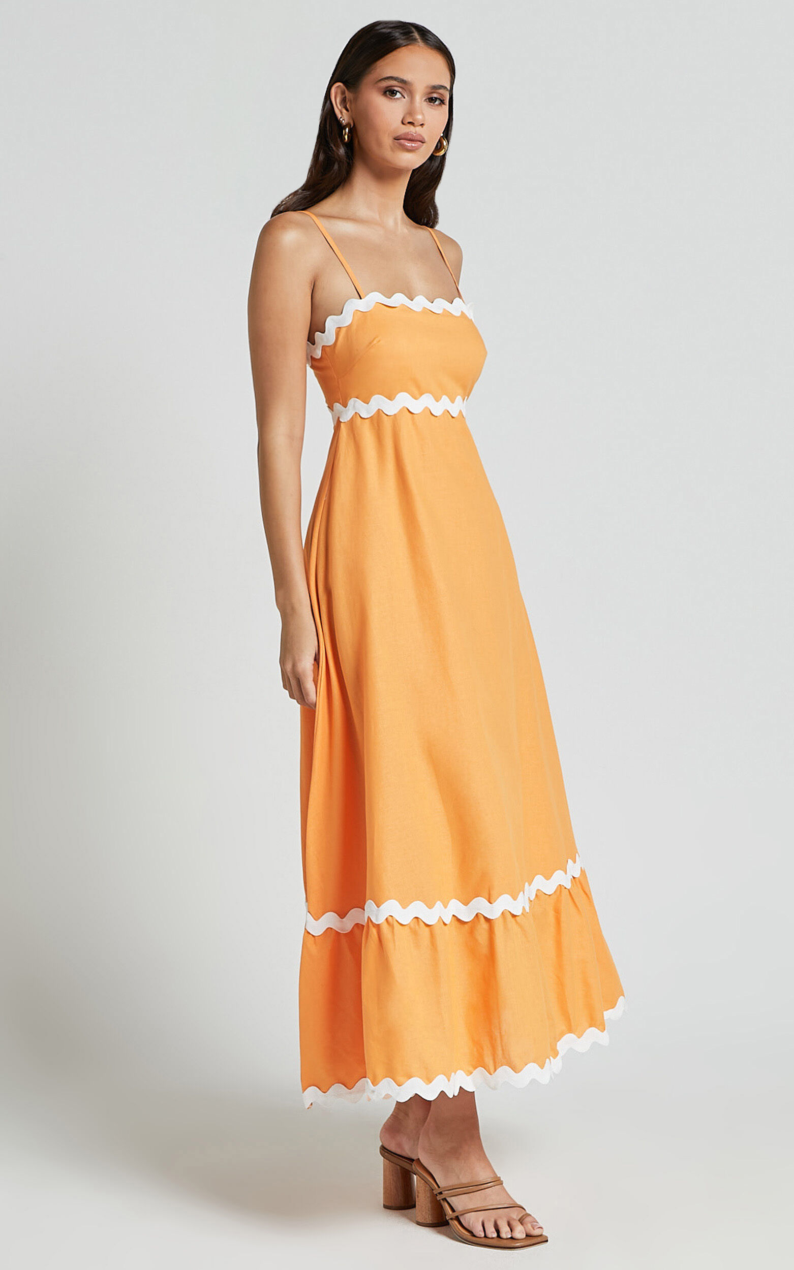 Moriseth Midi Dress - Linen Sleeveless Fit Flare Dress in Orange