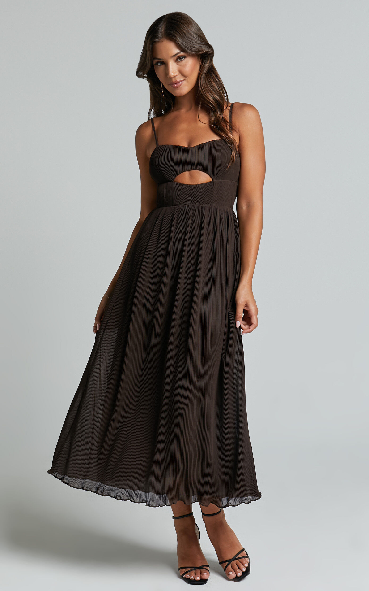 Ezri Midi Dress - Strappy Cut Out Pleated A Line Dress in Chocolate