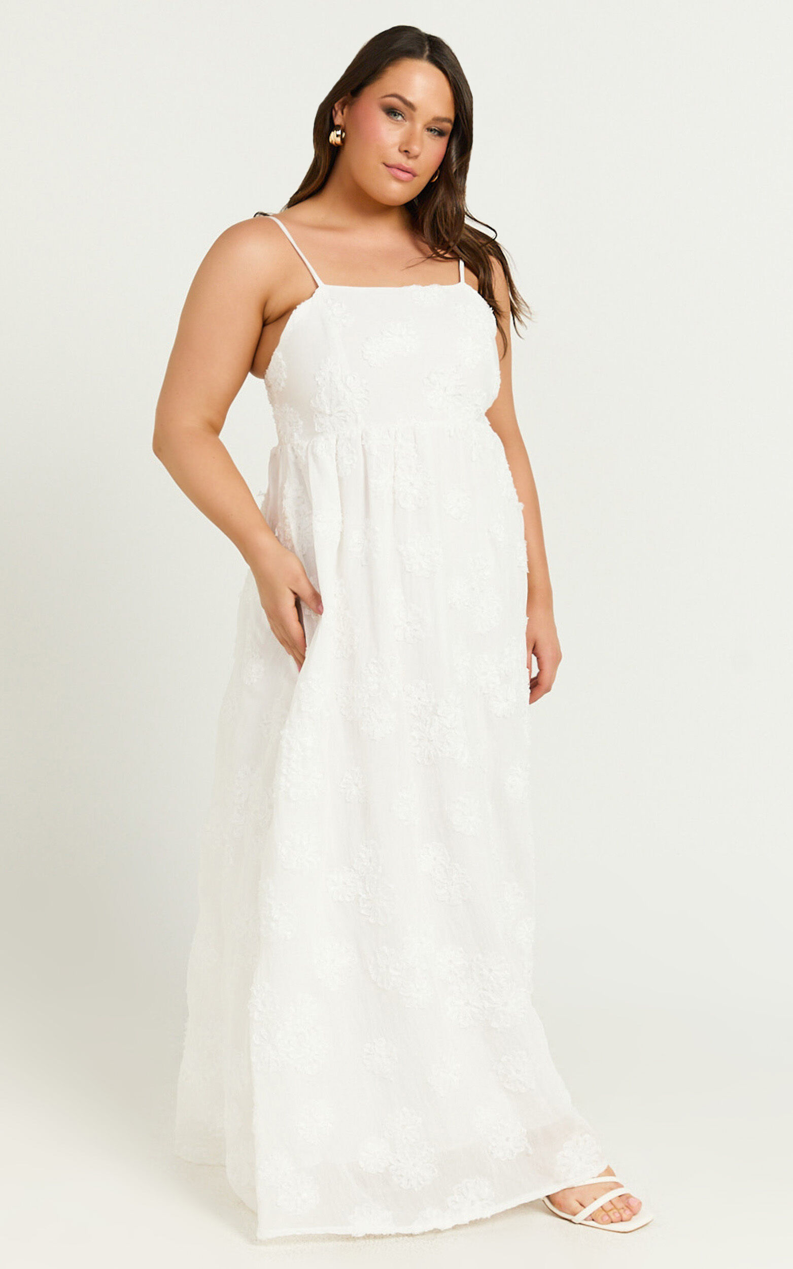 Claya Maxi Dress - Sleeveless Straight Neckline Floral Detail Dress in White Embroidery