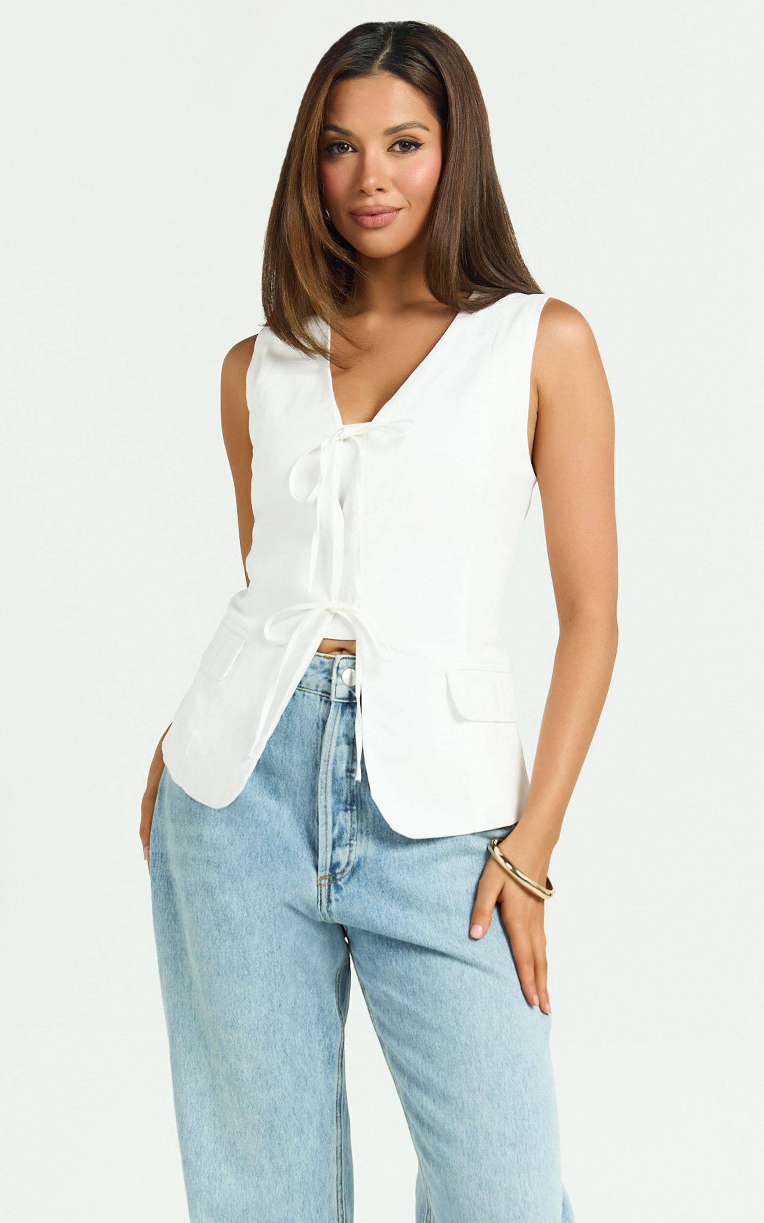 Katia Top - Tie Front V Neck Top in White