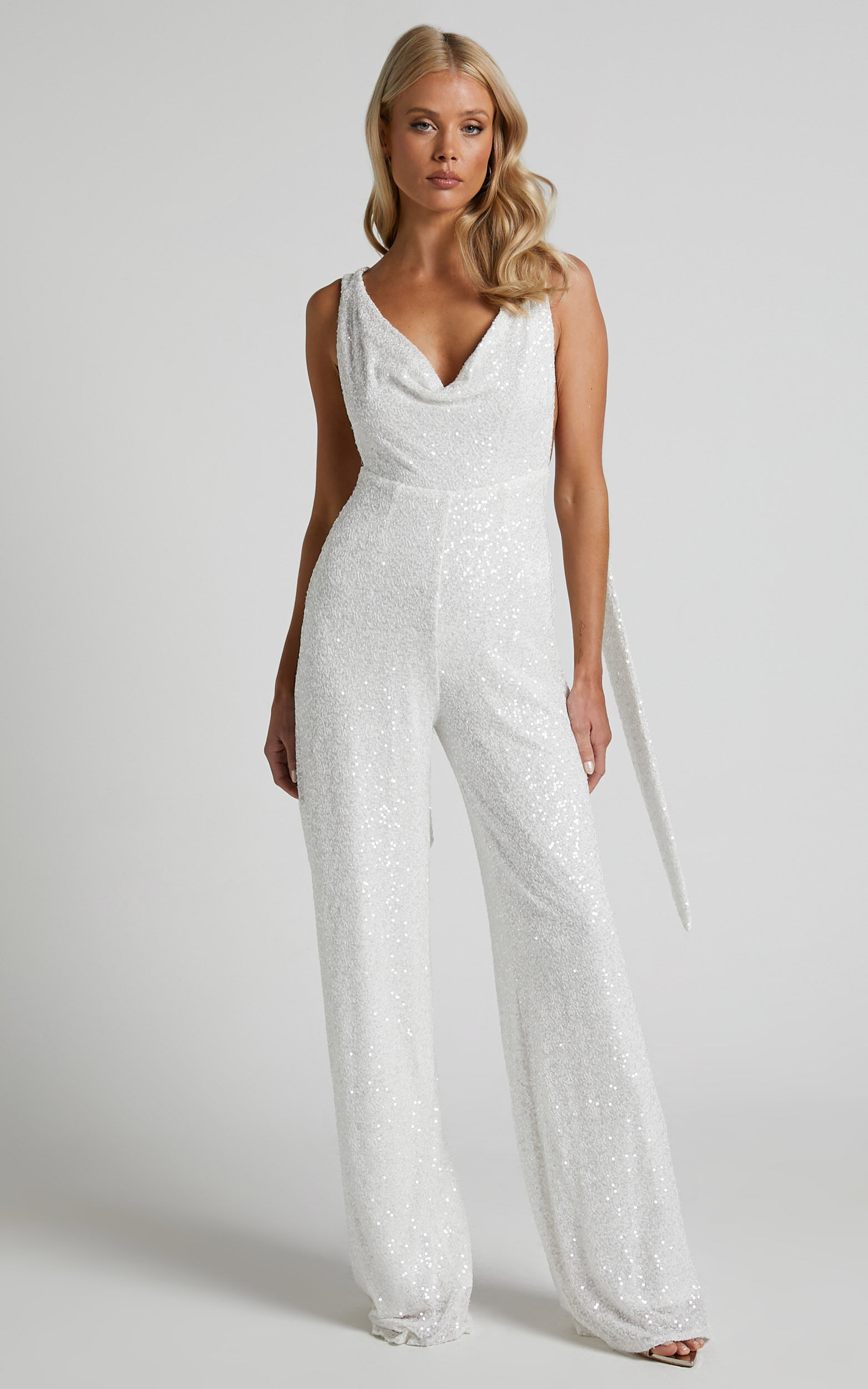 Malisha Jumpsuit - Cowl Neck Backless Jumpsuit in White Sequin
