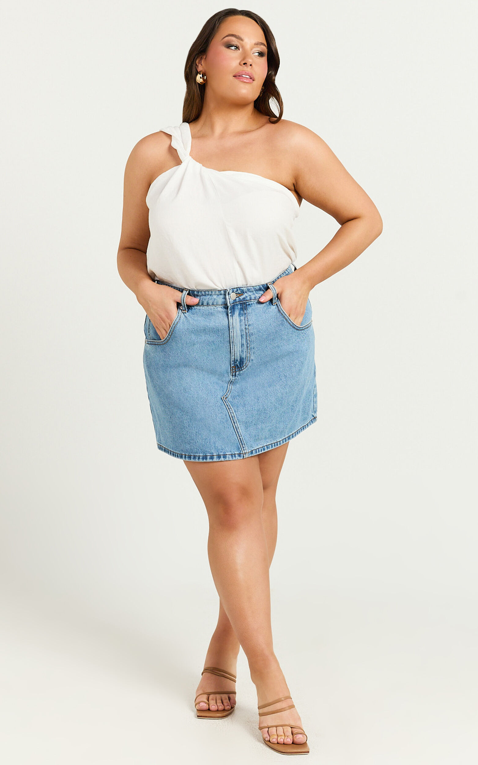 Jaden Mini Skirt - High Waisted Recycled Denim Mini Skirt in Mid Blue Wash