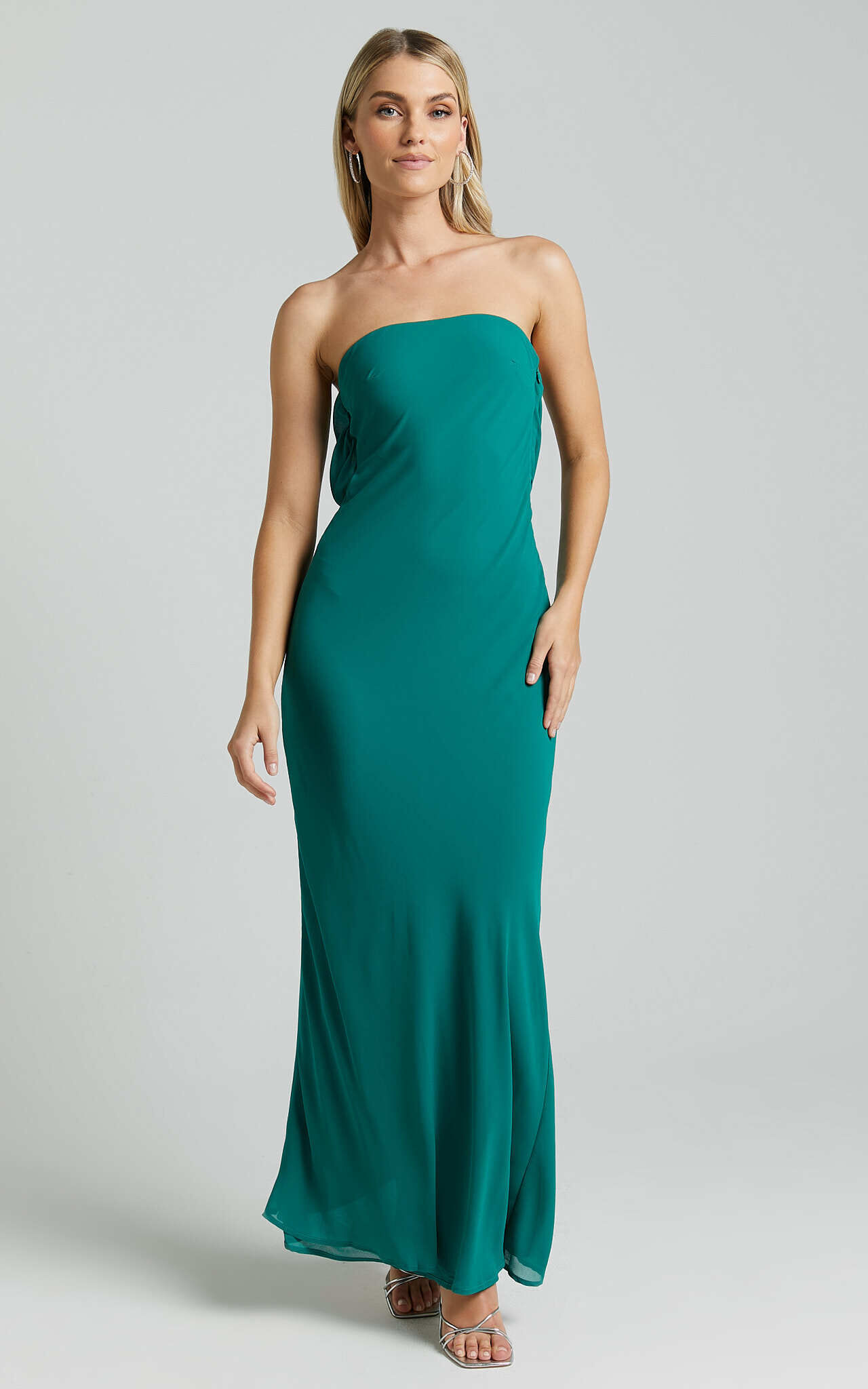 Laurelle Maxi Dress - Strapless Straight Neck Tie Back Cowl Slip in Jade Green