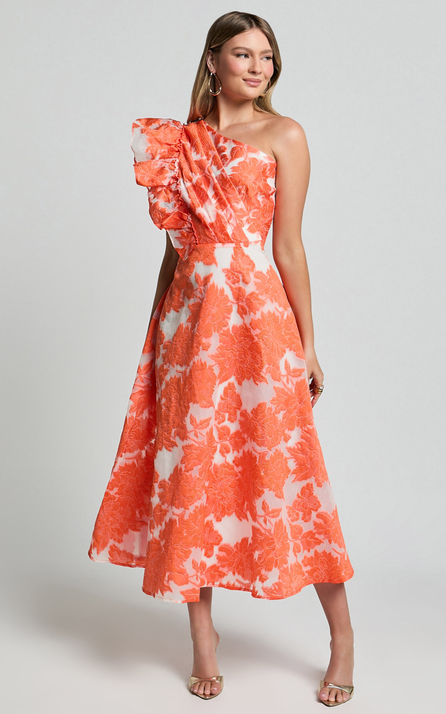 Alfreda Midi Dress - One Shoulder Ruffle Detail Brailey Jacquard Dress in Orange Jacquard
