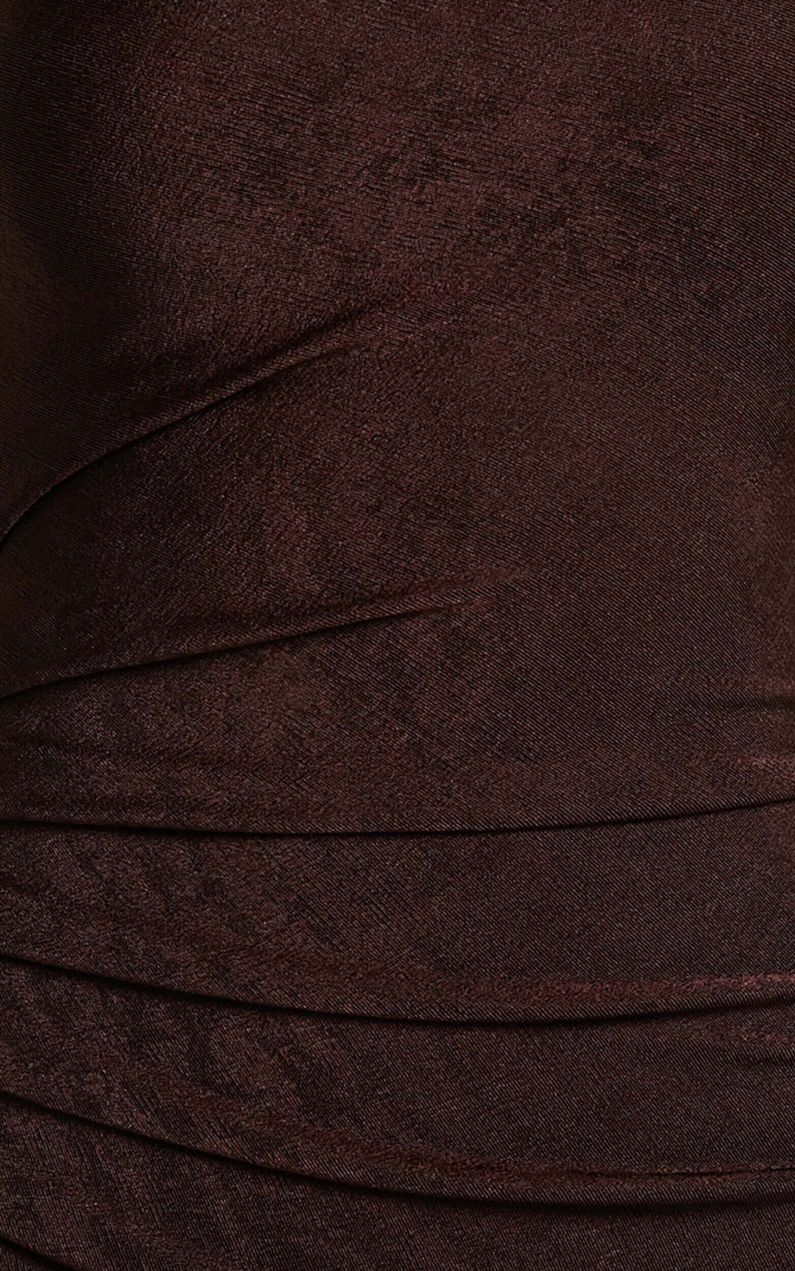 Arietty Midi Dress - One Shoulder Asymmetrical Ruched Dress in Chocolate