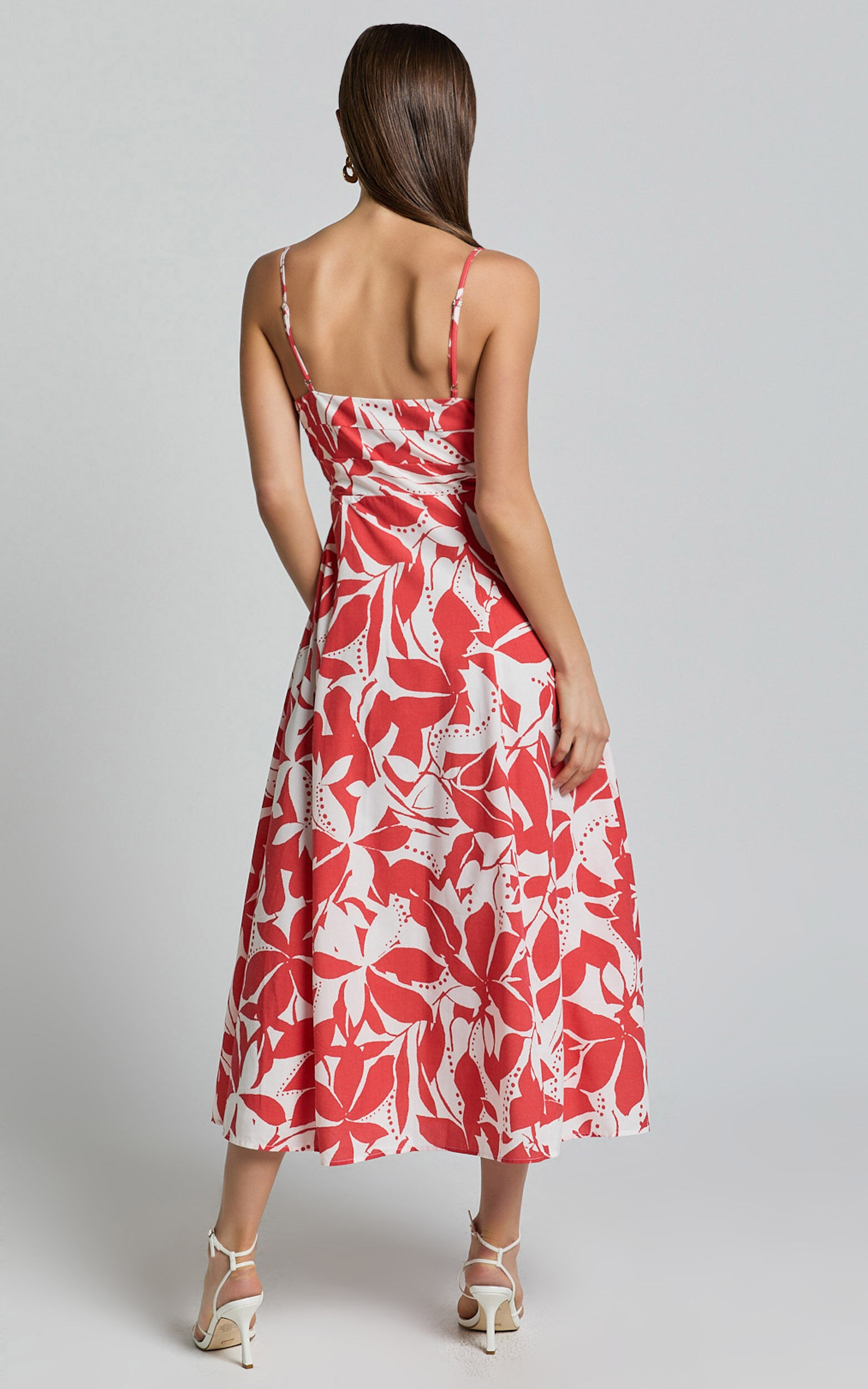 Nylia Midi Dress - Strappy Fit and Flare Dress in Red Floral