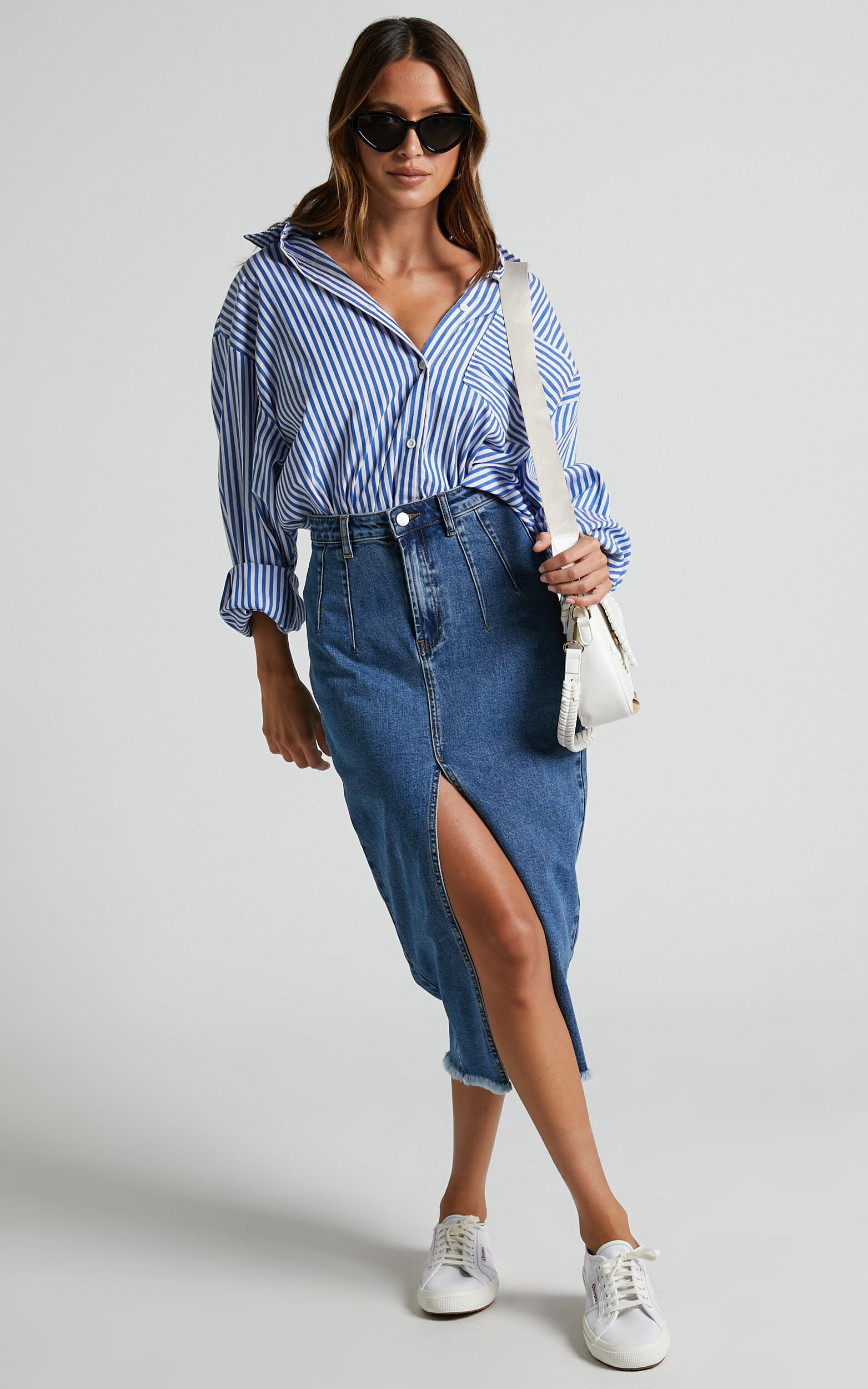 Janeve Midi Skirt - Front Split Denim Skirt in Dark Blue