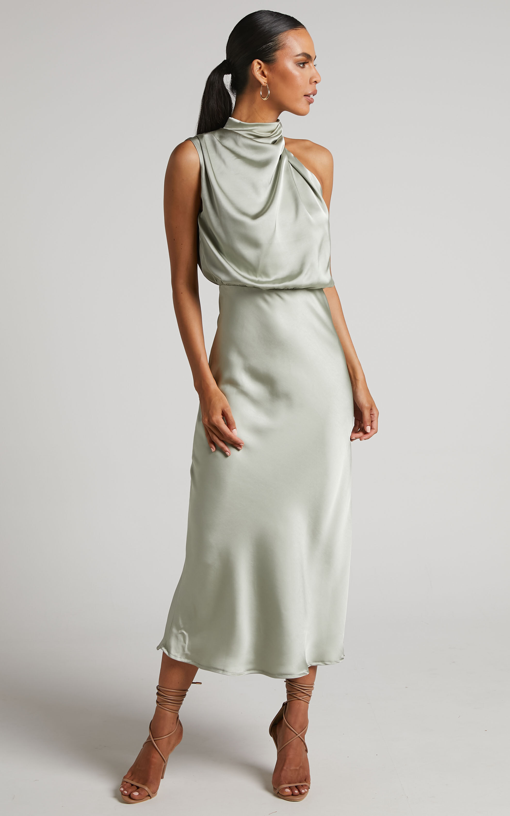 Minnie Midi Dress - Drape Neck Satin Slip Dress in Sage