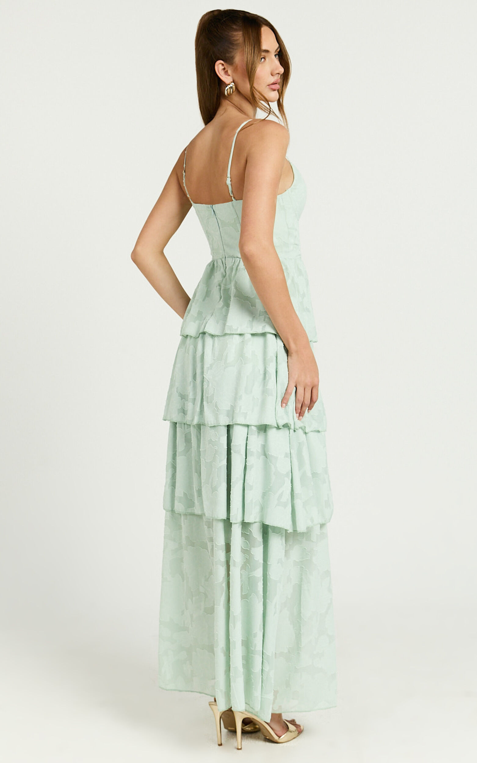Janezkie Maxi Dress - Femme Tiered Jacquard Formal Dress in Mint