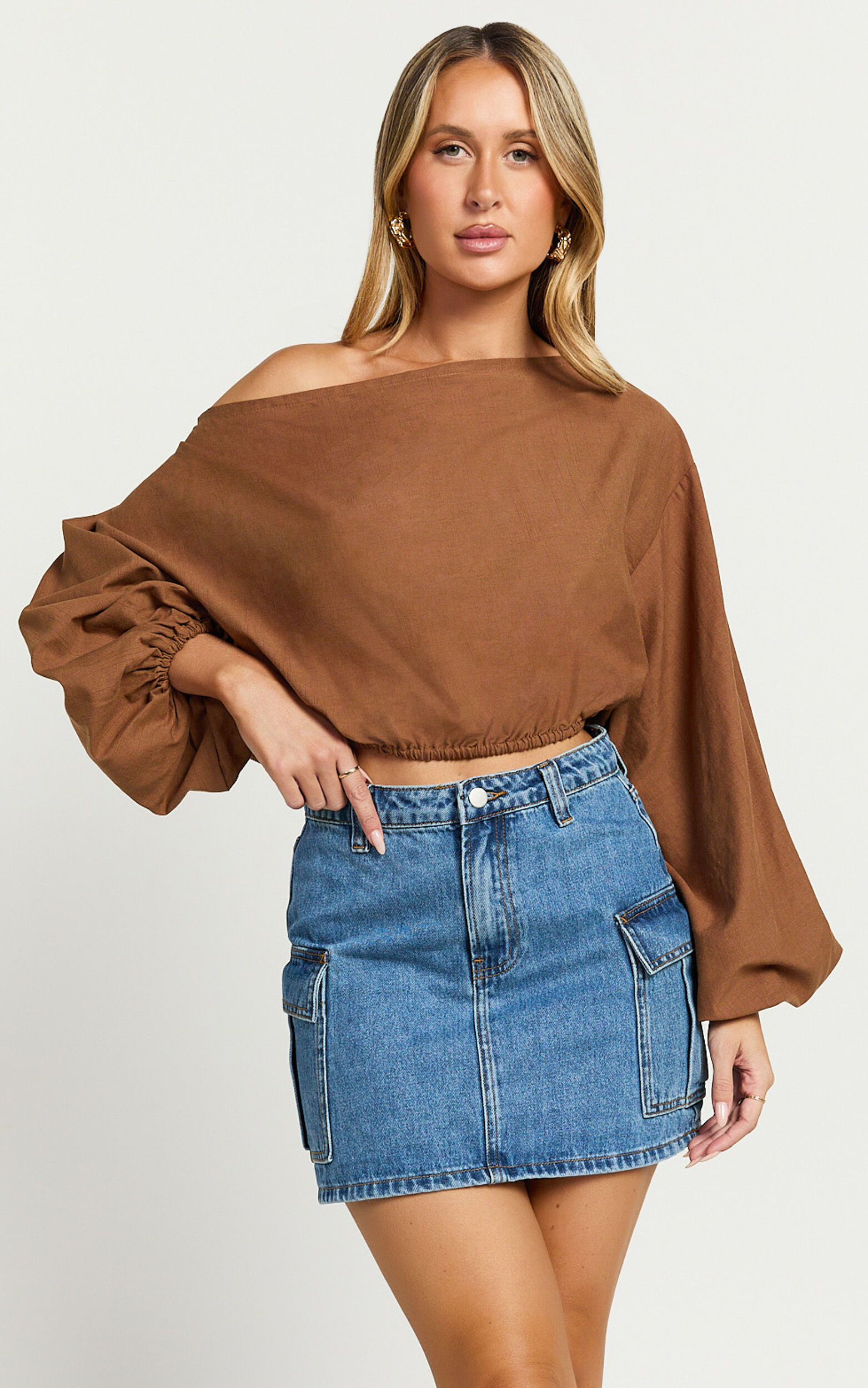 Alesia Top - Asymmetrical Boat Neck Elastic Hem Crop Top in Chocolate