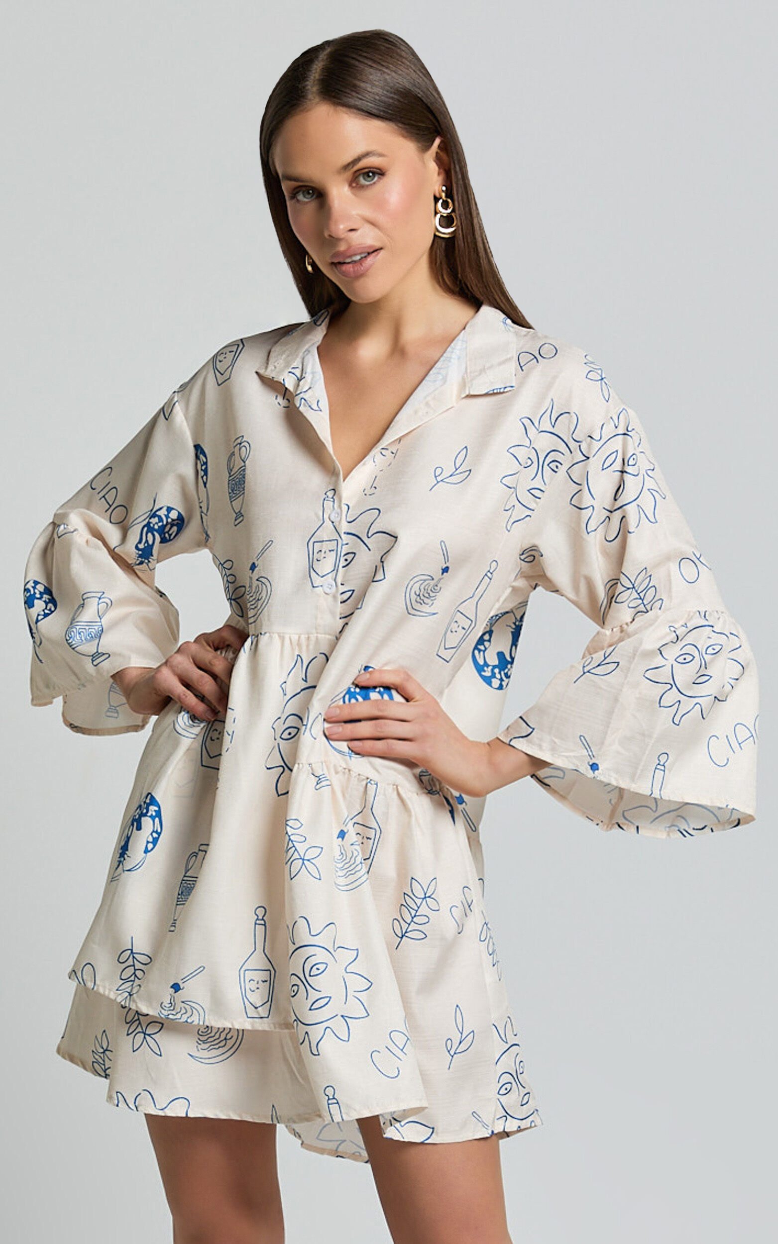 Charlene Mini Linen Dress - V Neck 3/4 Sleeve Shift Mini Dress in Blue Print