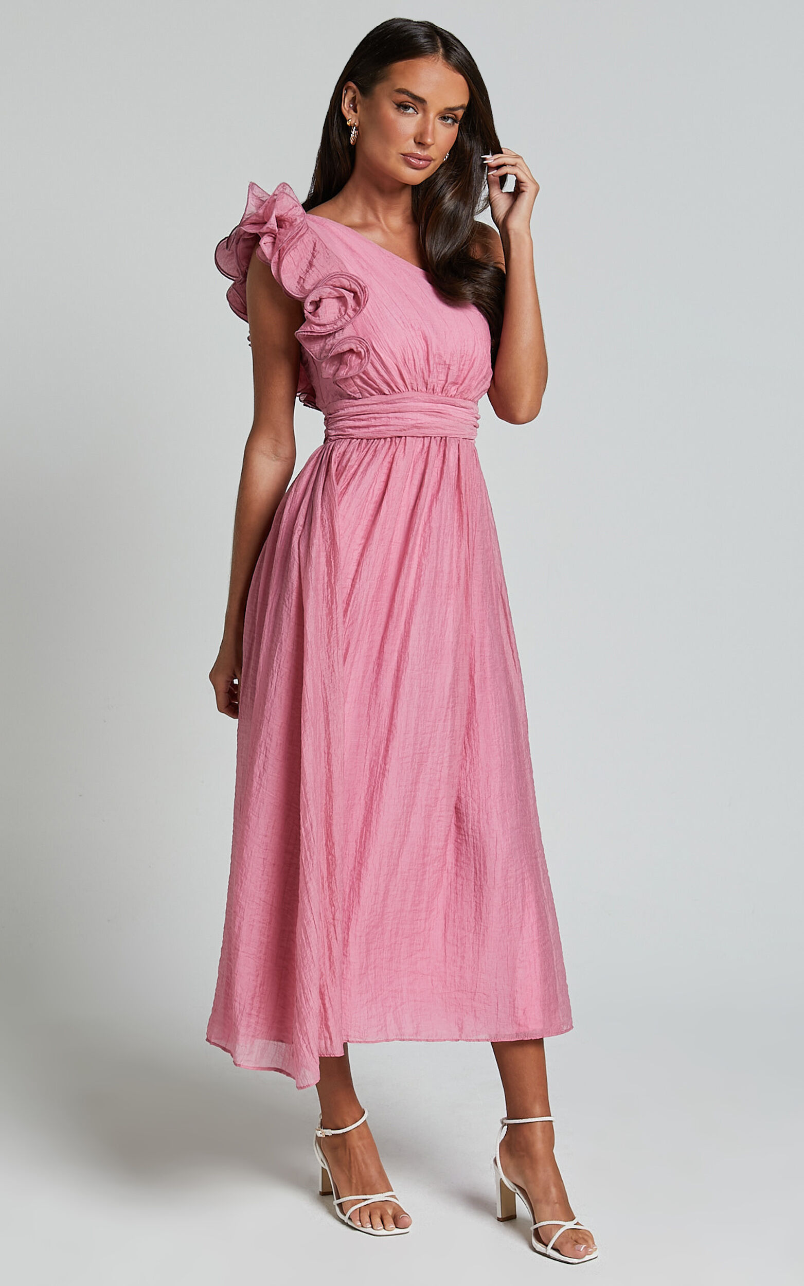Dorothy Midi Dress - One Shoulder Frill Detail Fit and Flare Dress in Pink