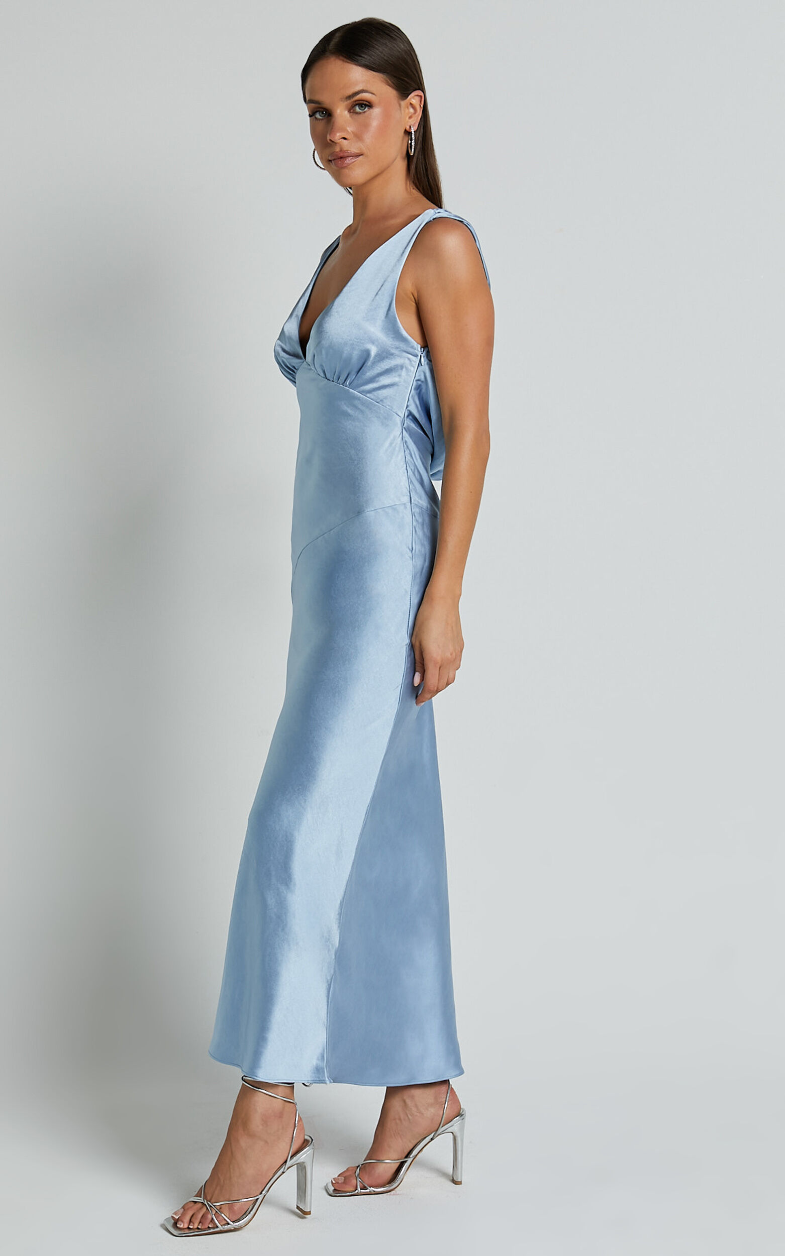 Brienne Midi Dress - Plunge Cowl Back Satin Dress in Blue