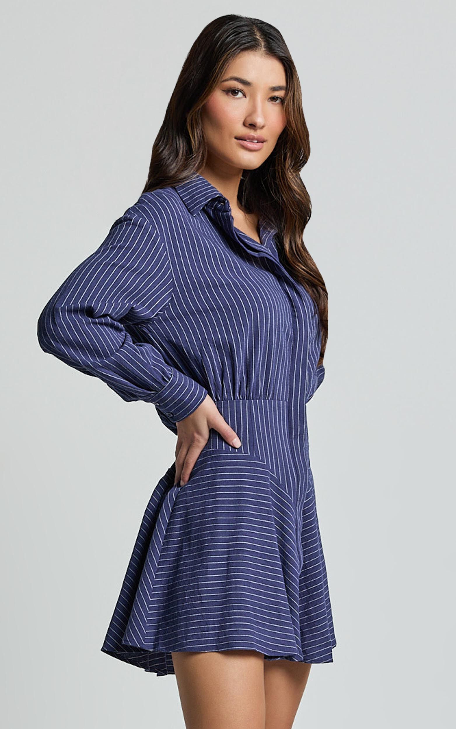 Whitney Mini Dress - Linen Long Sleeve Shirt Dress in Navy