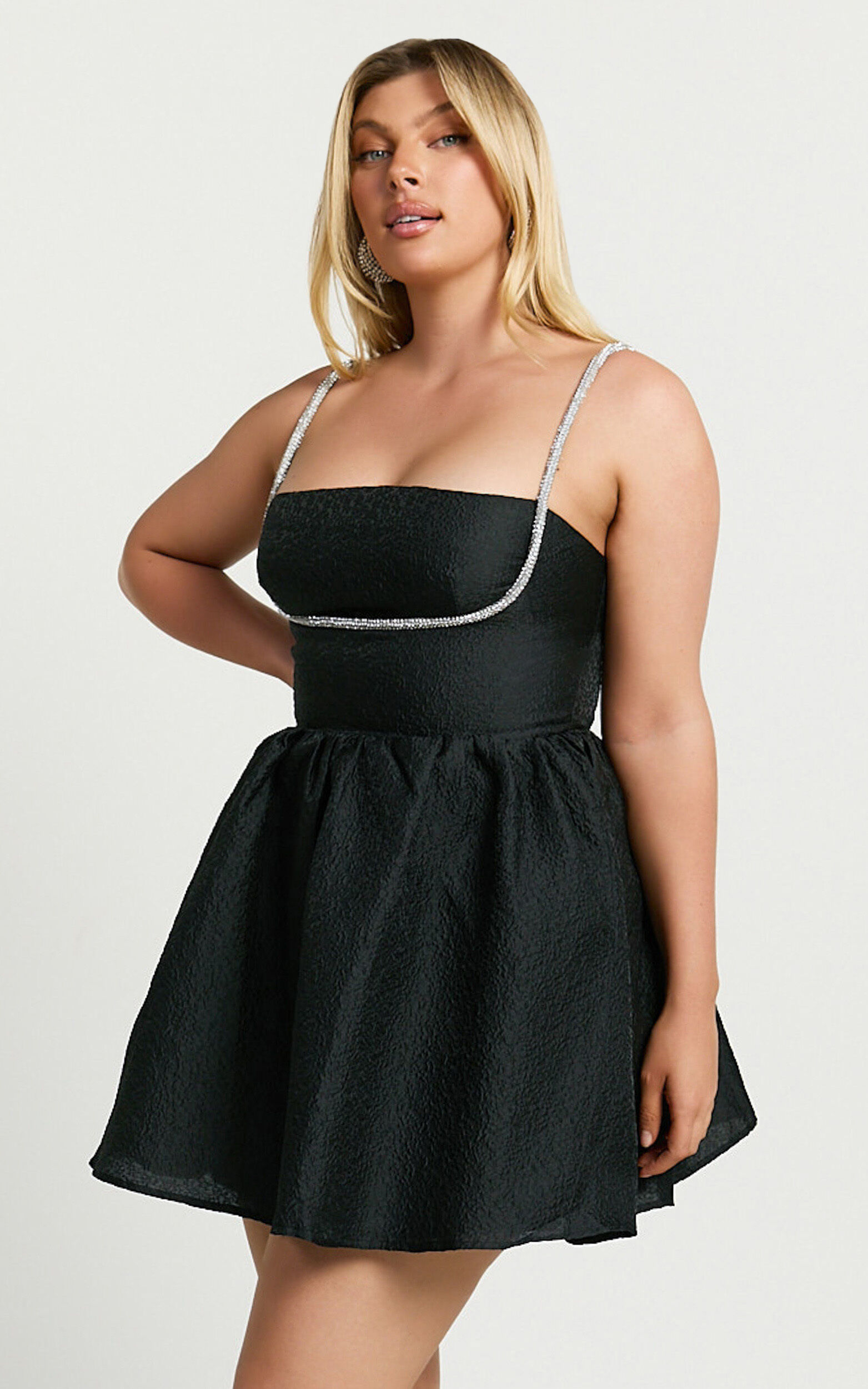 Cora Mini Dress - Diamante Detail Textured Mini Dress in Black