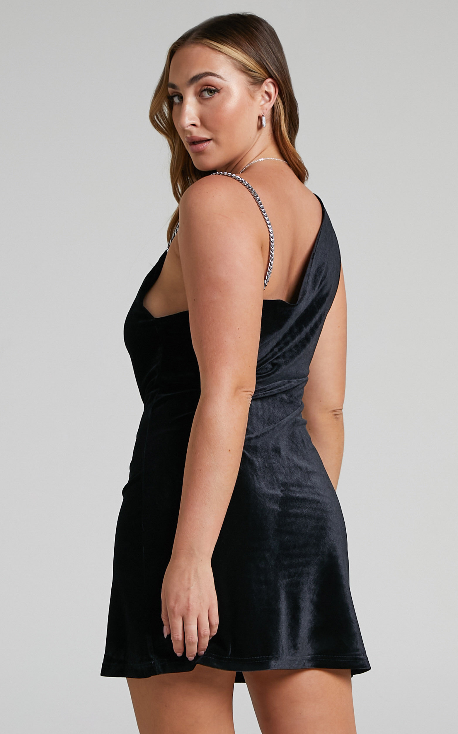 Asher Mini Dress - Asymmetric Neckline Chain Strap Velvet Dress in Black