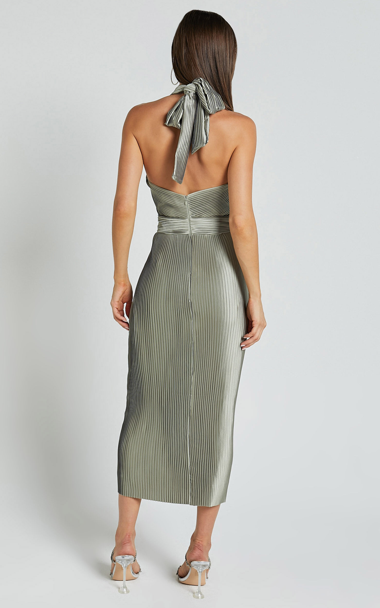 Marlette Midi Dress - Pleated Open Back Halter Dress in Sage