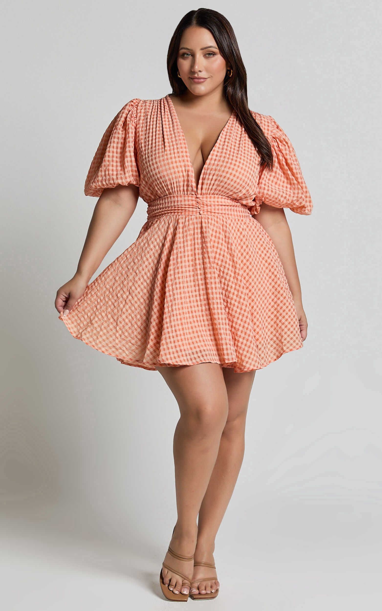Xandy Mini Dress - Textured Puff Sleeve Plunge Dress in Peach