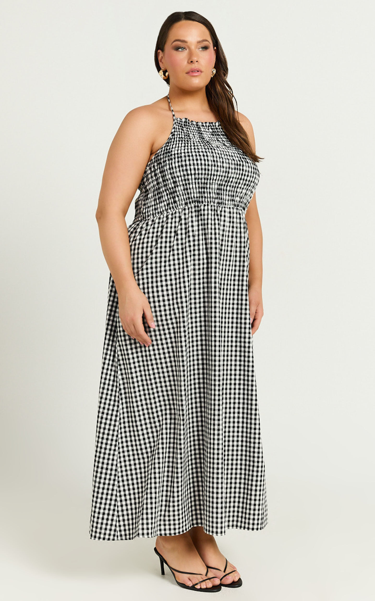 Aimie Midi Dress - Strappy Halter Neck Shirred Top in White Check