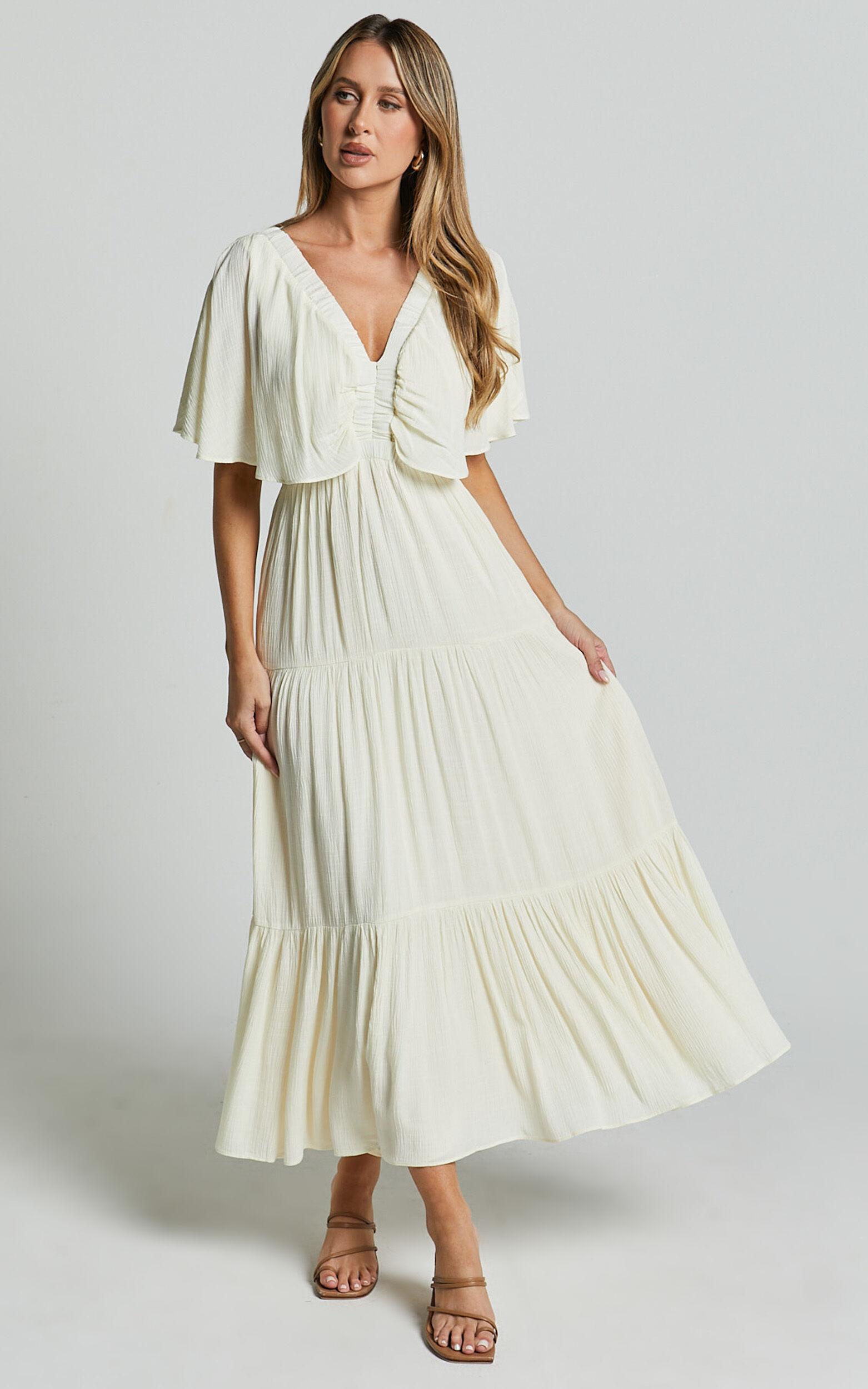 Danny Midi Dress - Ruffle Sleeve Tiered Dress in Natural
