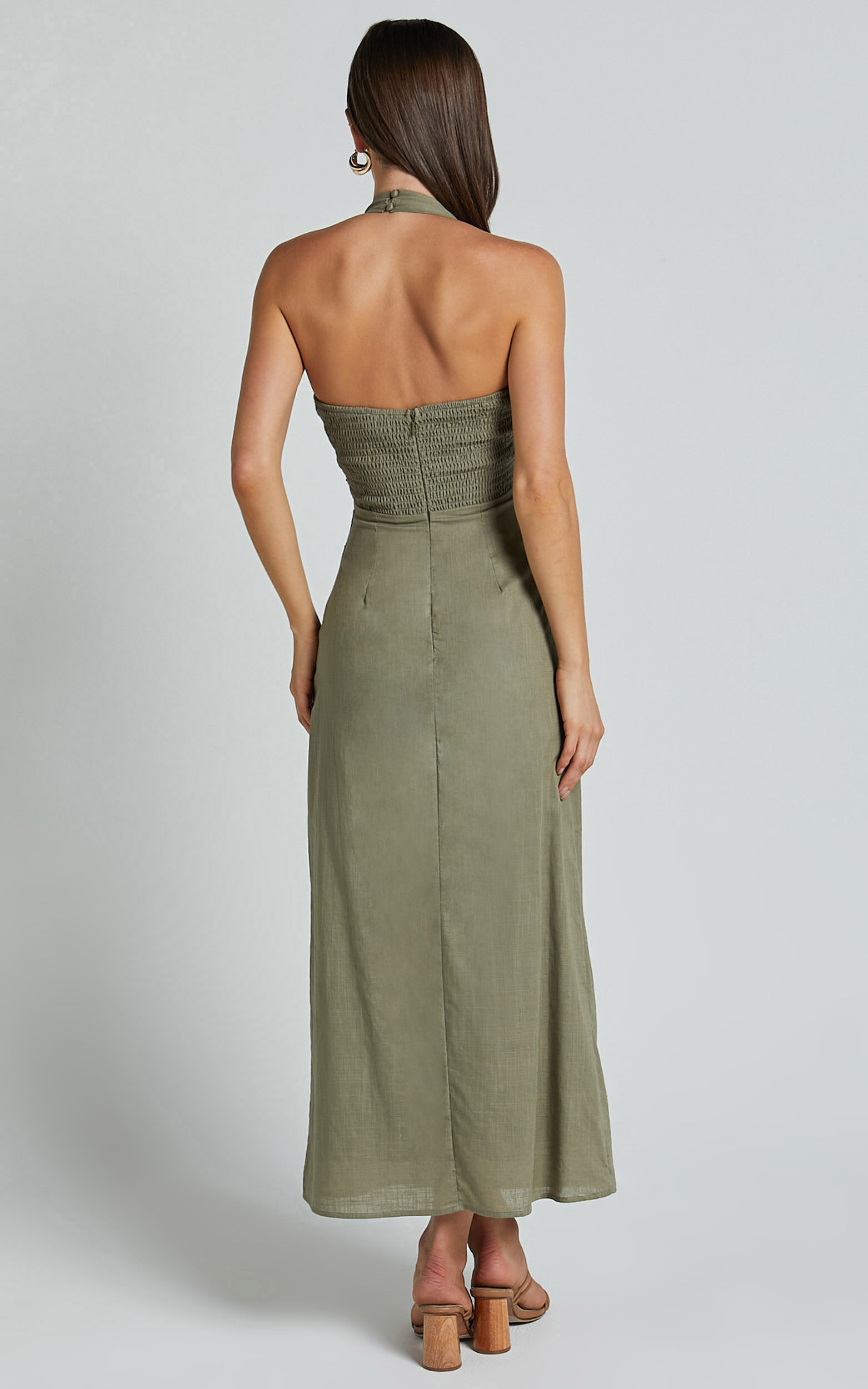 Lindley Midi Dress - Halter Neck Linen Look Dress in Olive