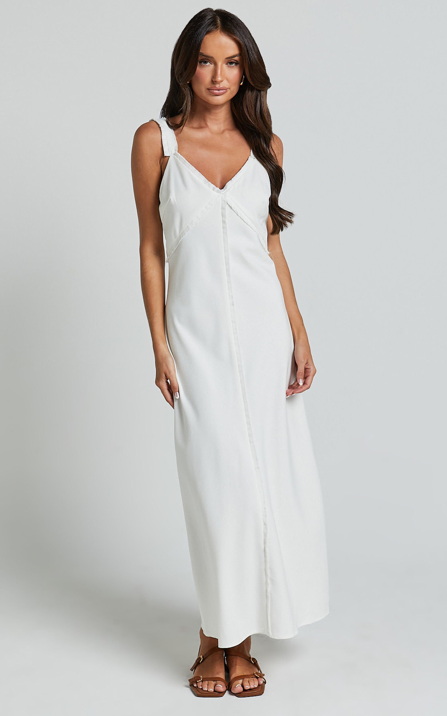 Mikella Midi Linen Dress - Linen Exposed Seam Shift Dress in White