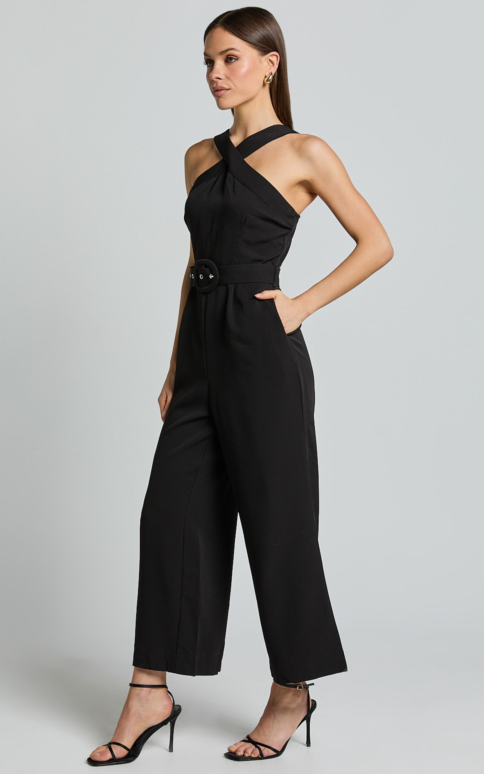 Tracy Jumpsuit - Diamond Neck Belted Straight Leg Jumpsuit in Black