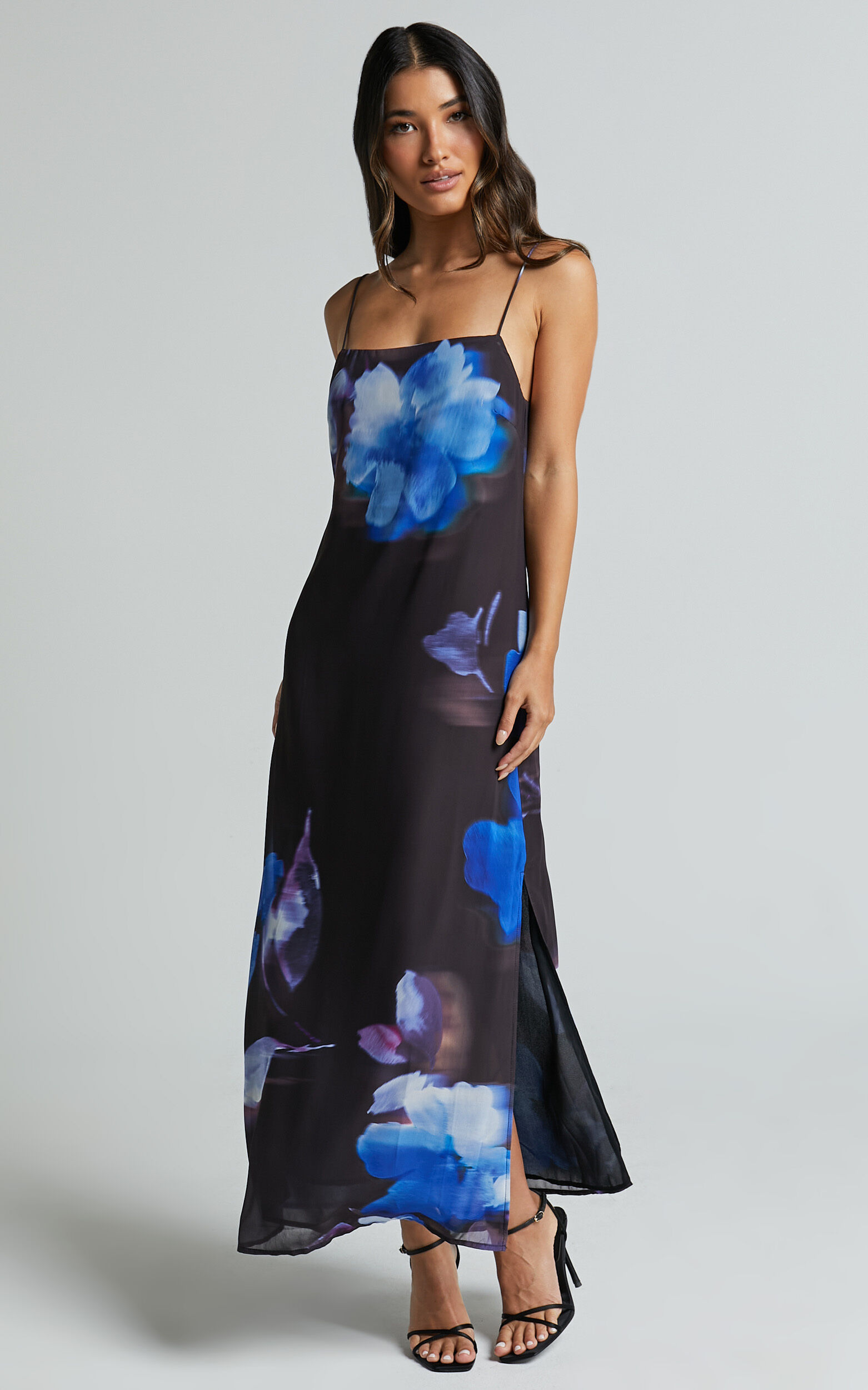 Emmanuelle Midi Dress - Strappy Side Split Satin Dress in Electric Bloom Print