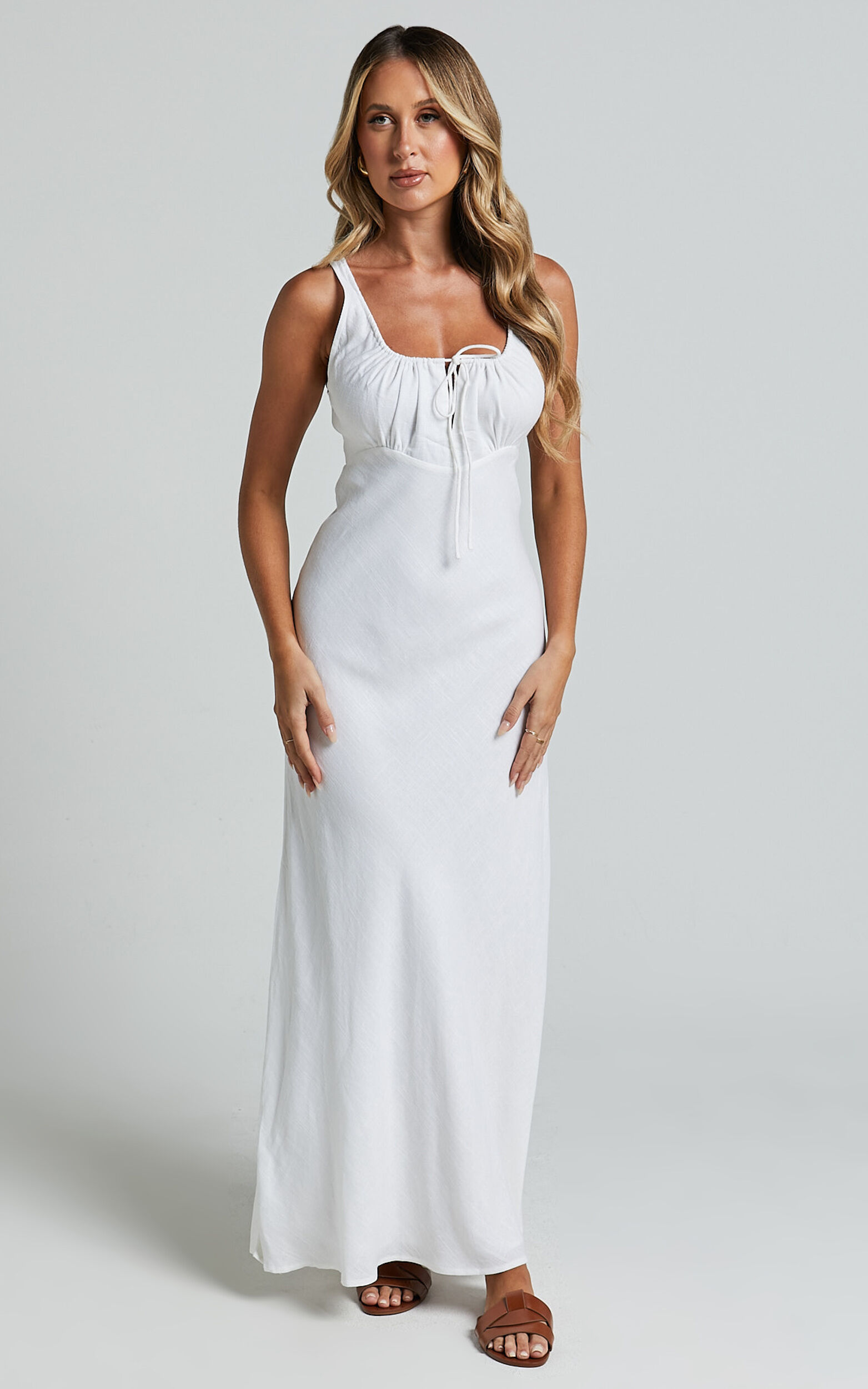 Lucas Midi Dress - Ruched Bust Linen Dress in White