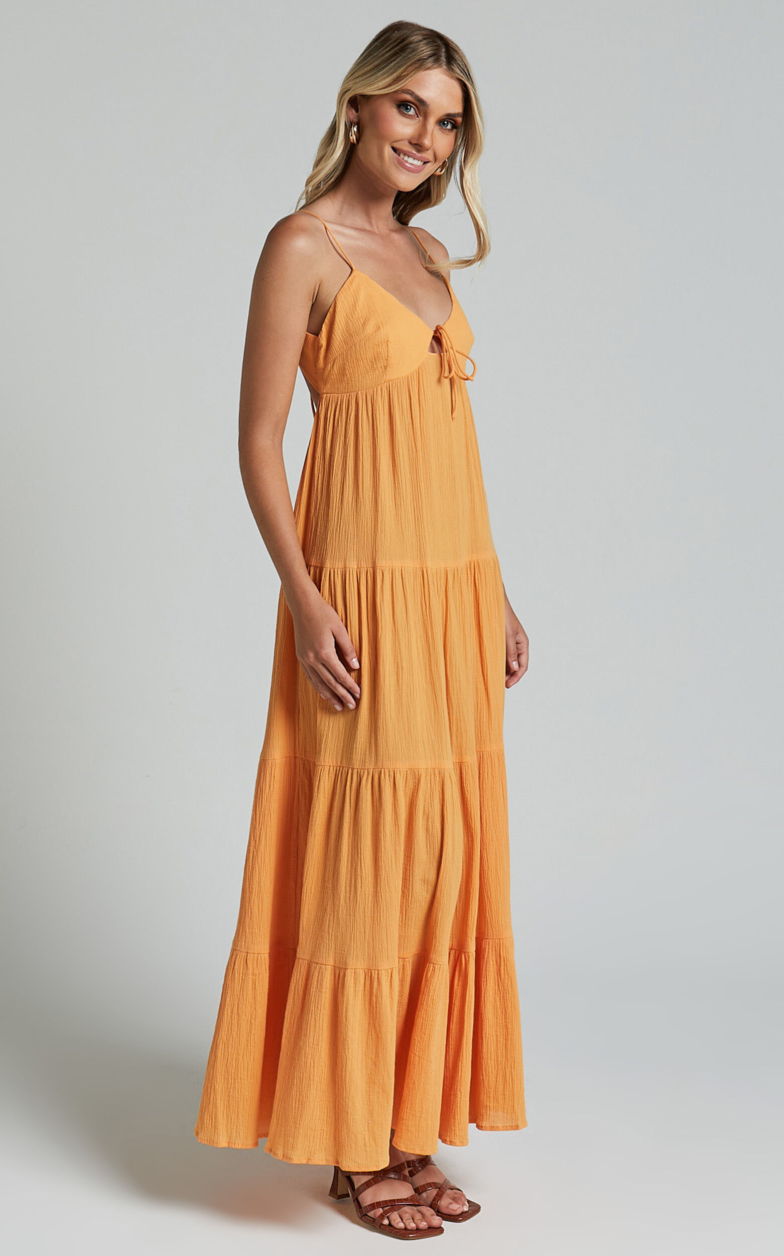 Chila Maxi Dress - Strappy Tie Front Low Back Tiered in Papaya Orange