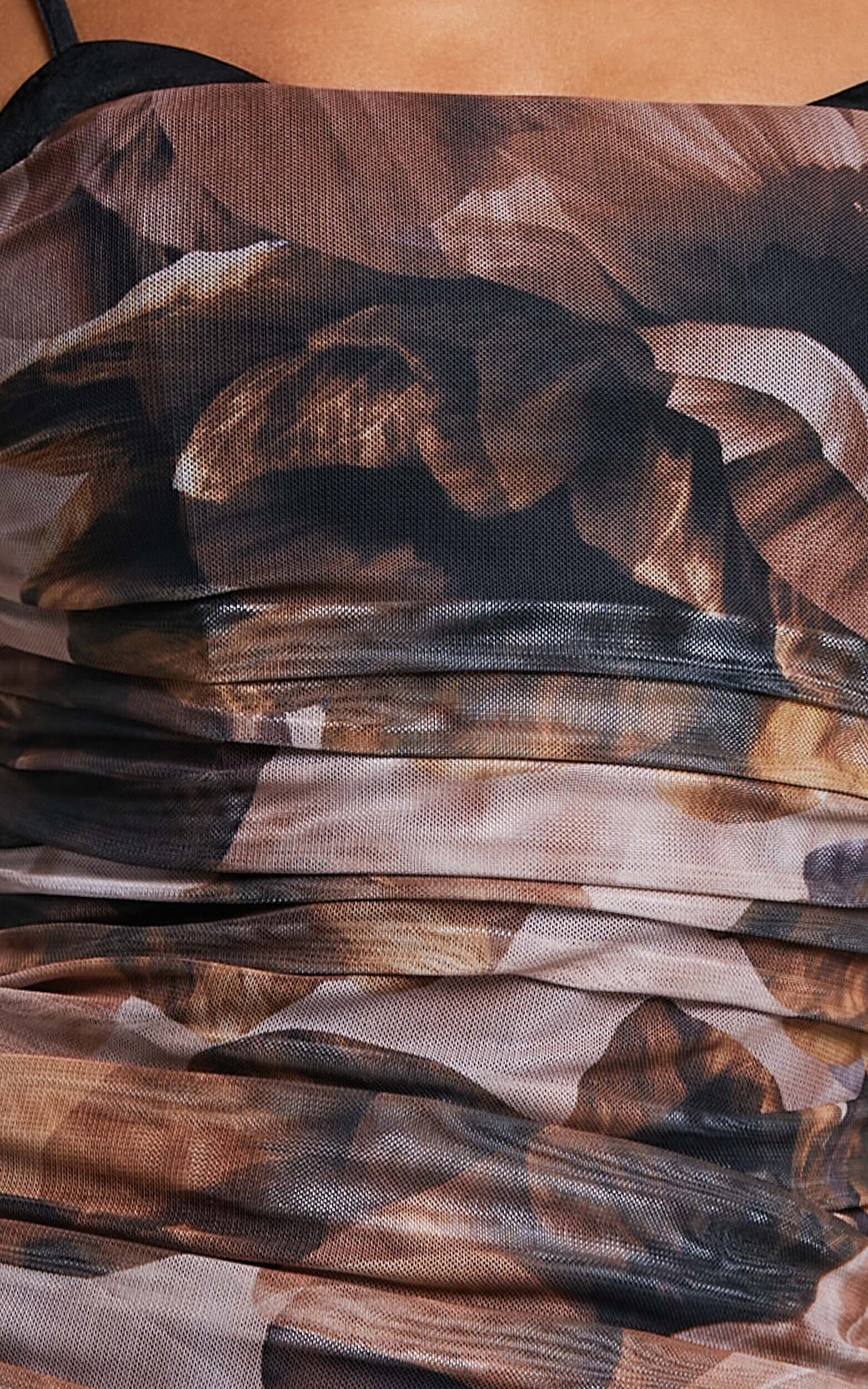 Rosalez Midi Dress - Strappy Ruched Bodycon Dress in Ember Floral