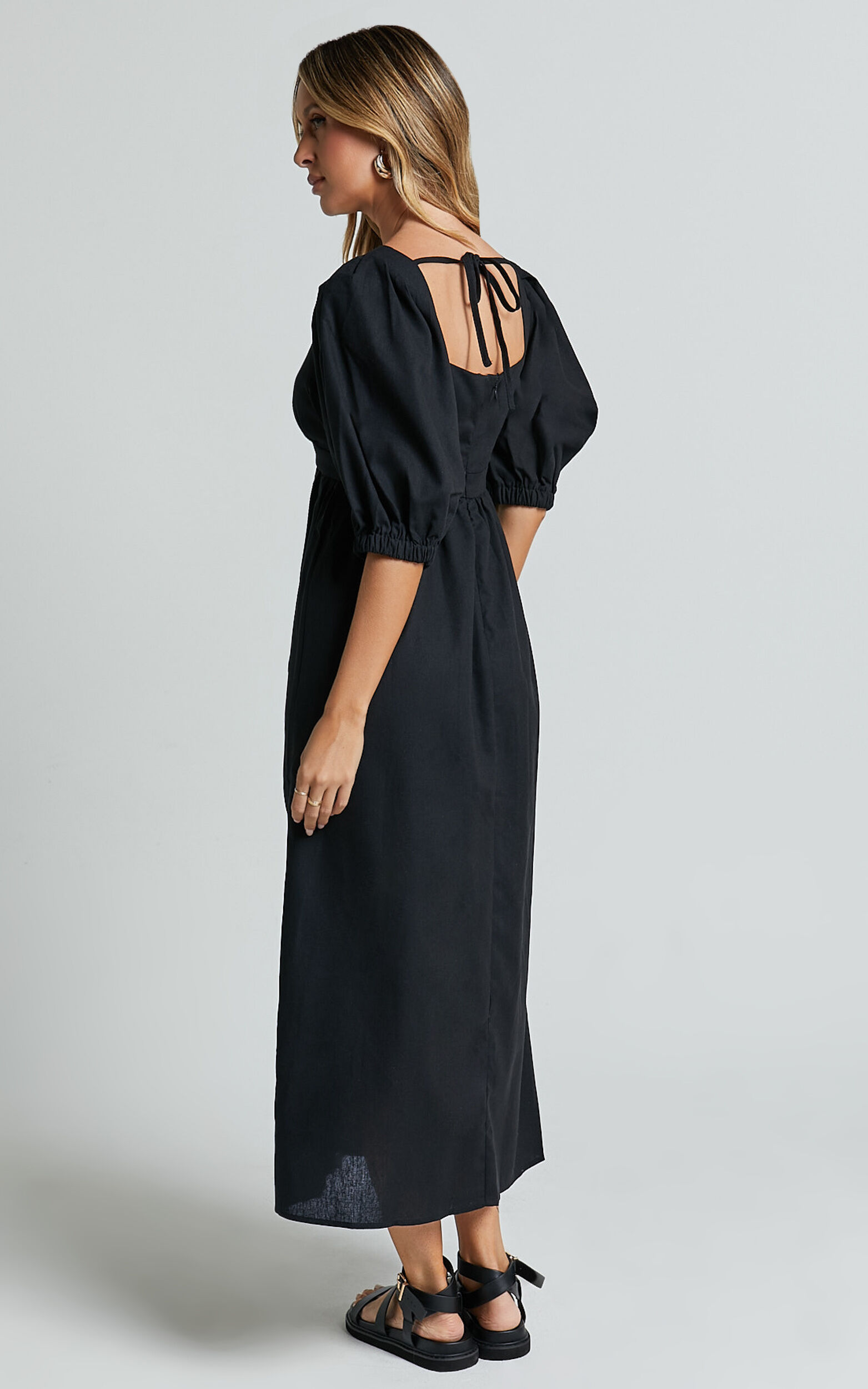 Eidie Midi Dress - Linen Puff Sleeve Open Tie Back Flare Dress in Black