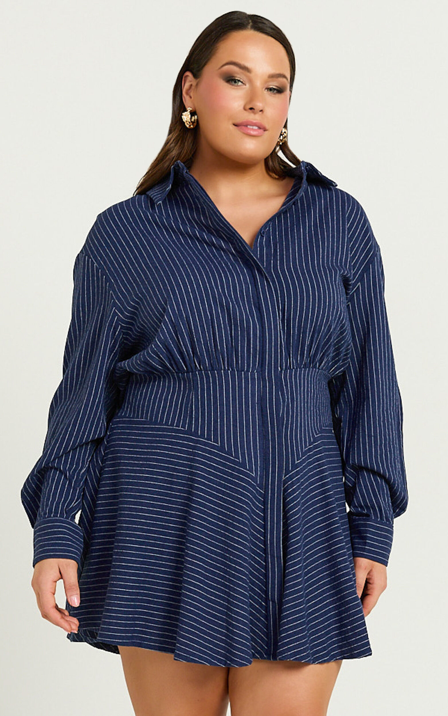 Whitney Mini Dress - Linen Long Sleeve Shirt Dress in Navy