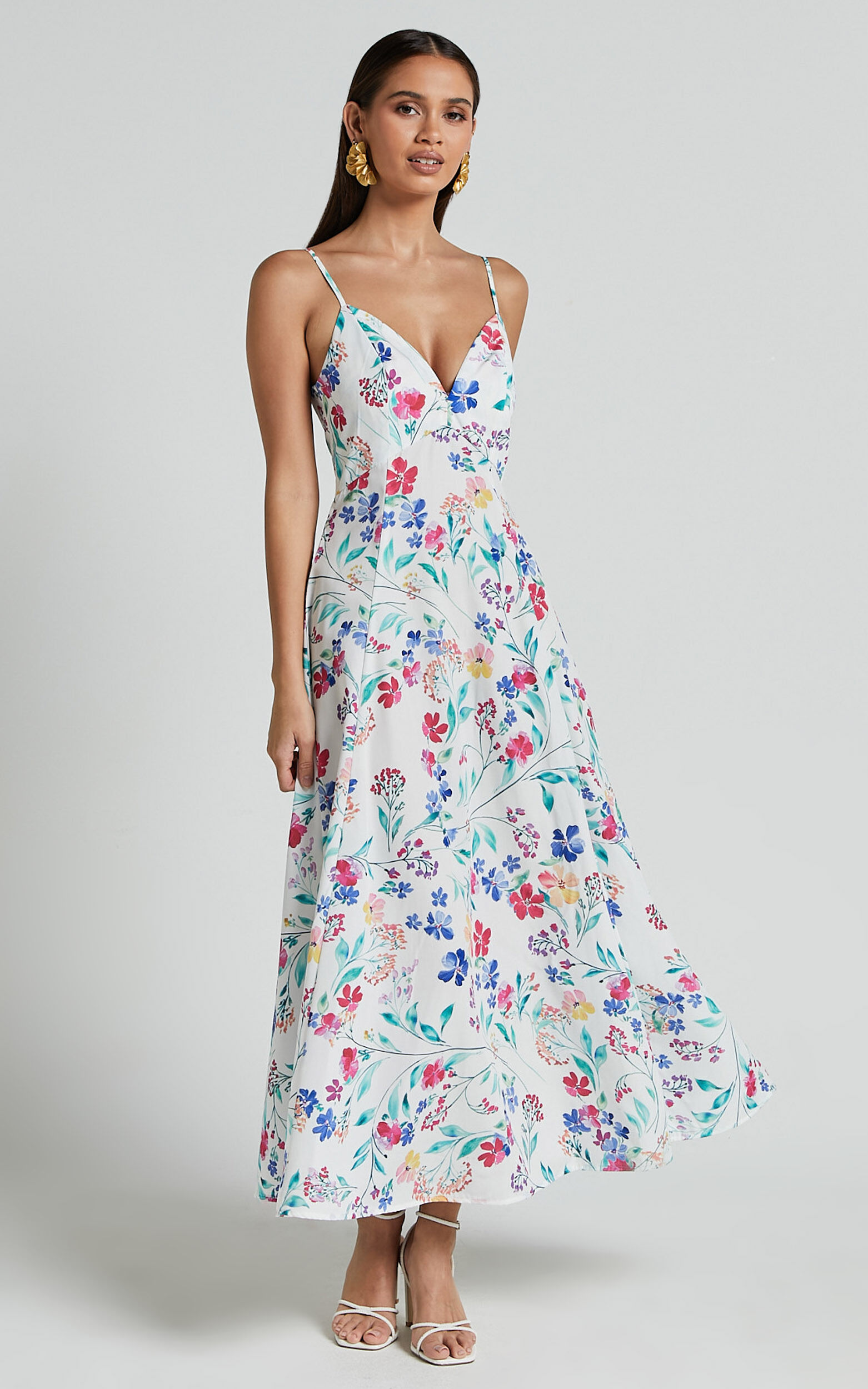 Georgia Midi Dress - Strappy Plunge A Line Dress in Peony Meadow Print