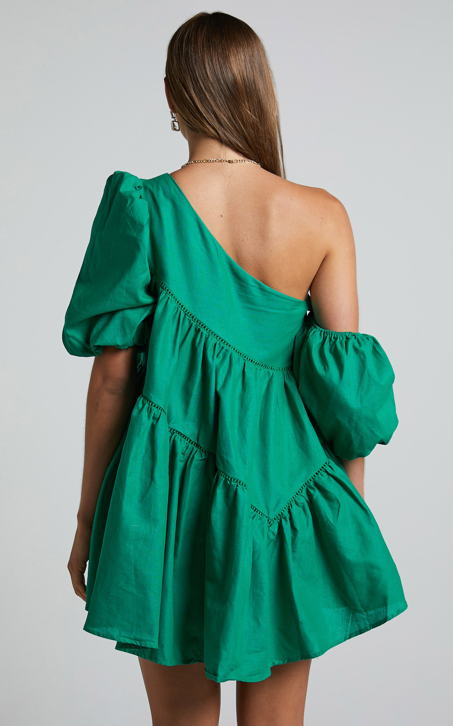 Harleen Mini Dress - Linen Asymmetrical Trim Puff Sleeve Dress in Green