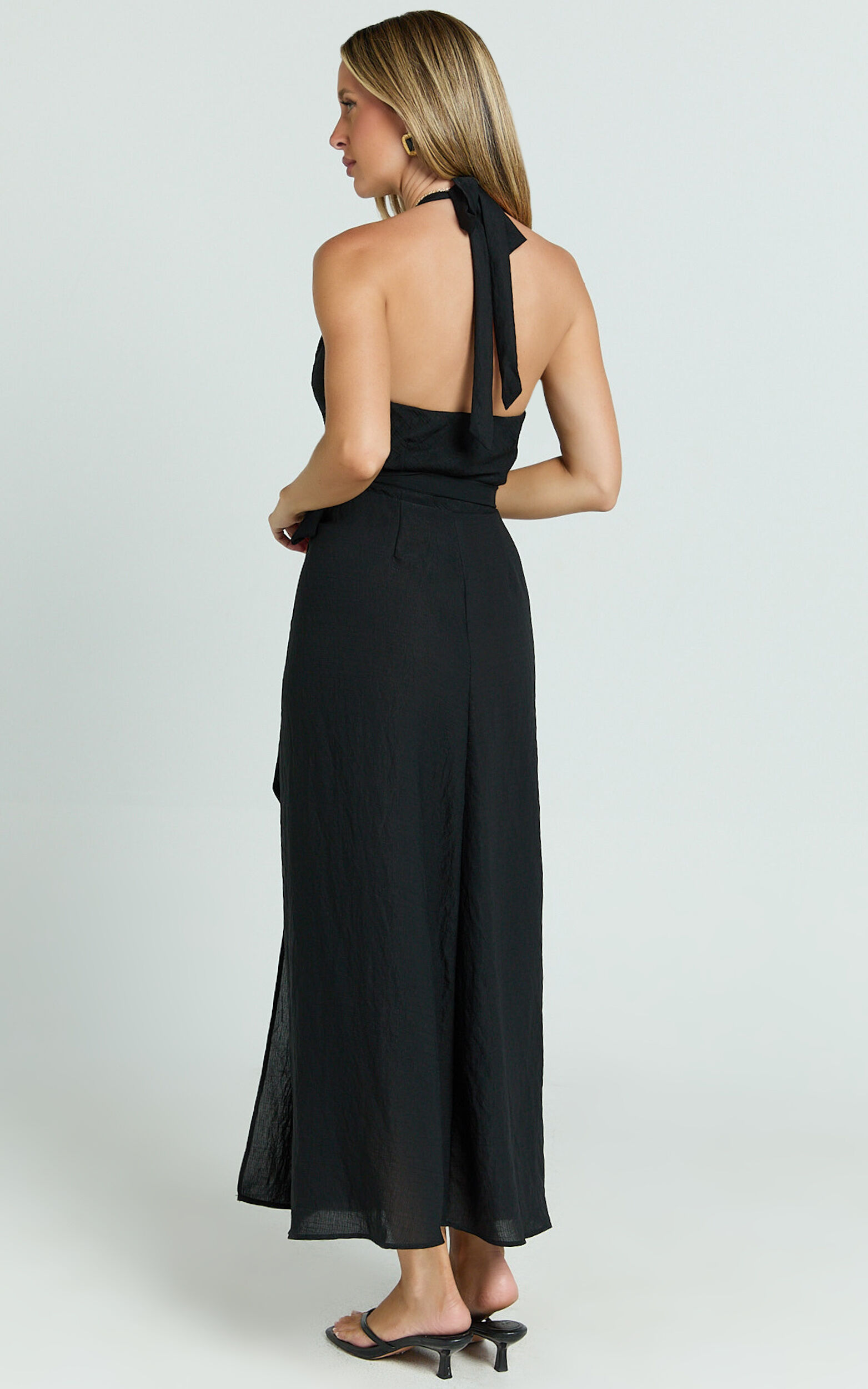 Robbie Midi Dress - Plunge Halter Midi Wrap Dress in Black