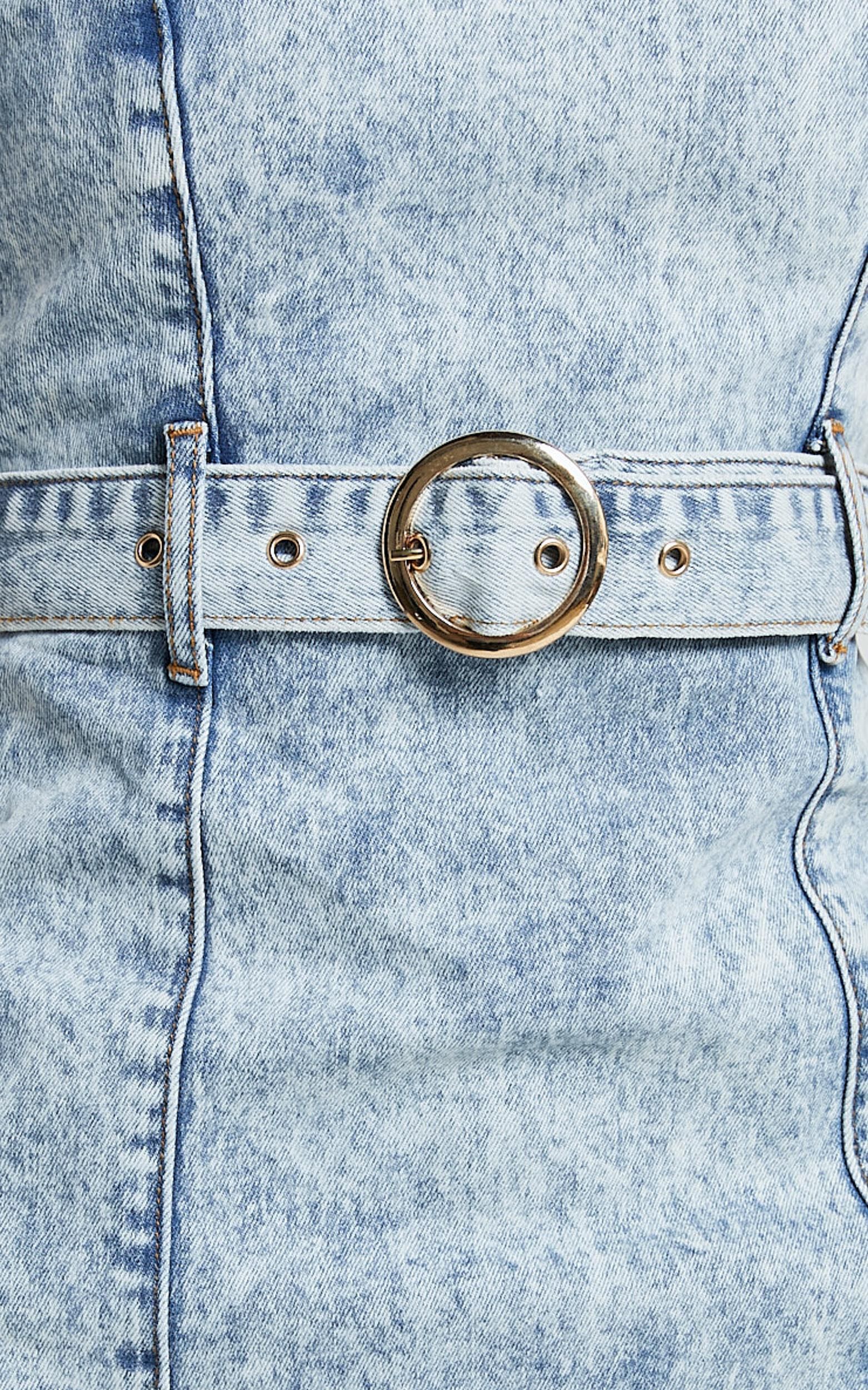 Izolda Mini Dress - Halter Neck Belted Bodycon Denim Dress in Light Blue Acid Wash