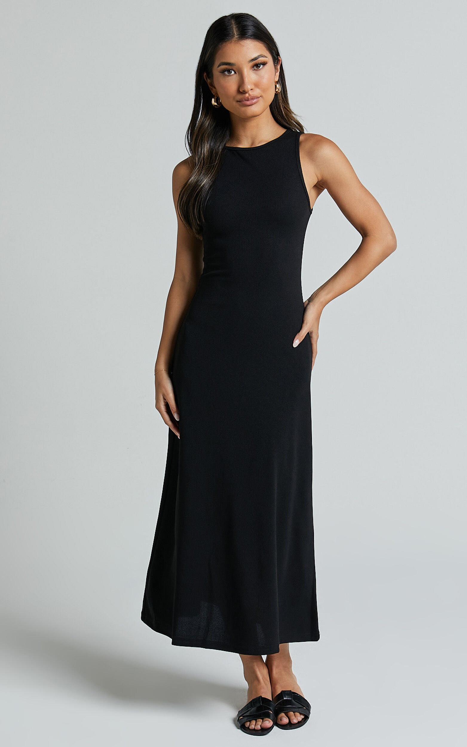 Rodolphe Midi Dress - Crew Neck Ribbed Sleeveless in Black