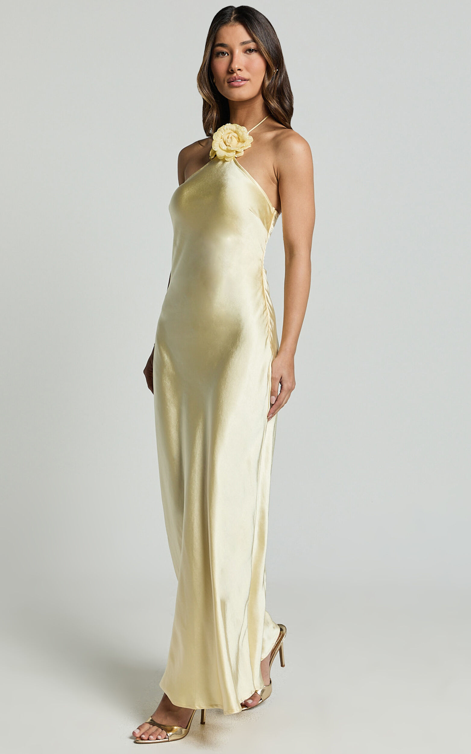 Keithy Midi Dress - Rosette Halter Neck Slip Dress in Lemon