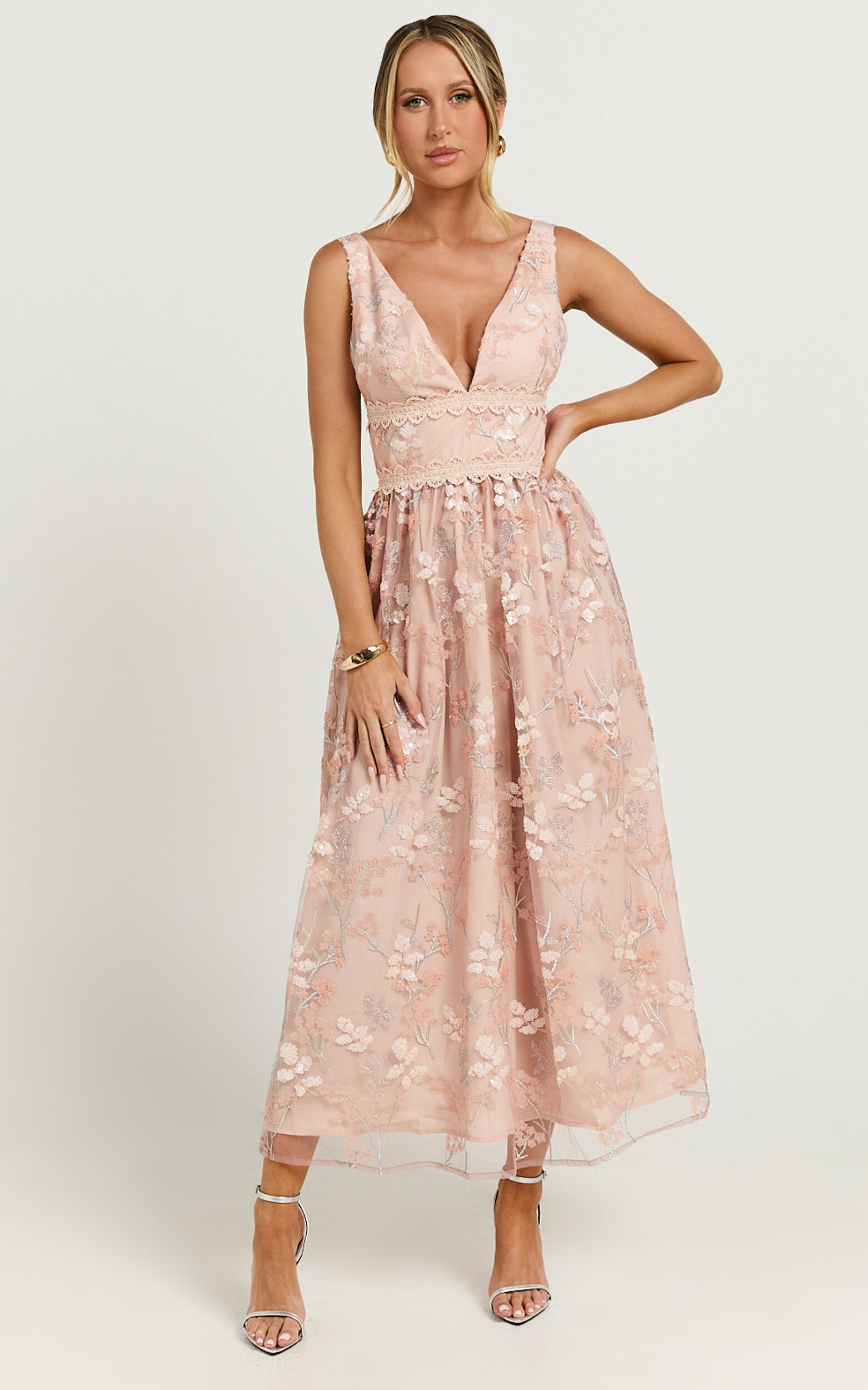 Seychelles Midi Dress - Plunge Embroidery 3d Floral Lace Dress in Light Pink