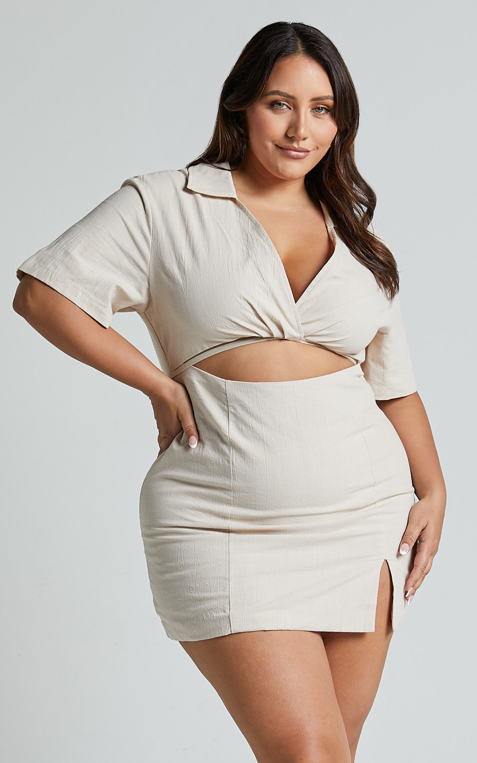 Marsha Mini Dress - Cut Out Short Sleeve Dress in Natural