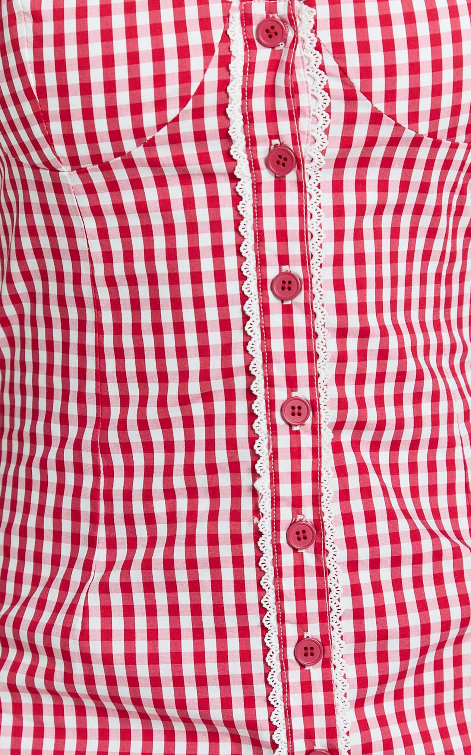 Anessa Midi Dress - Button Front Bustier Fitted Dress in Red Gingham