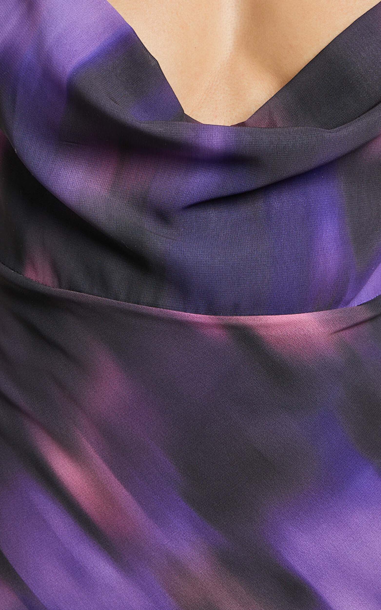 Susie Midi Dress - Recycled Strappy Cowl Slip Dress in Violet Night Print