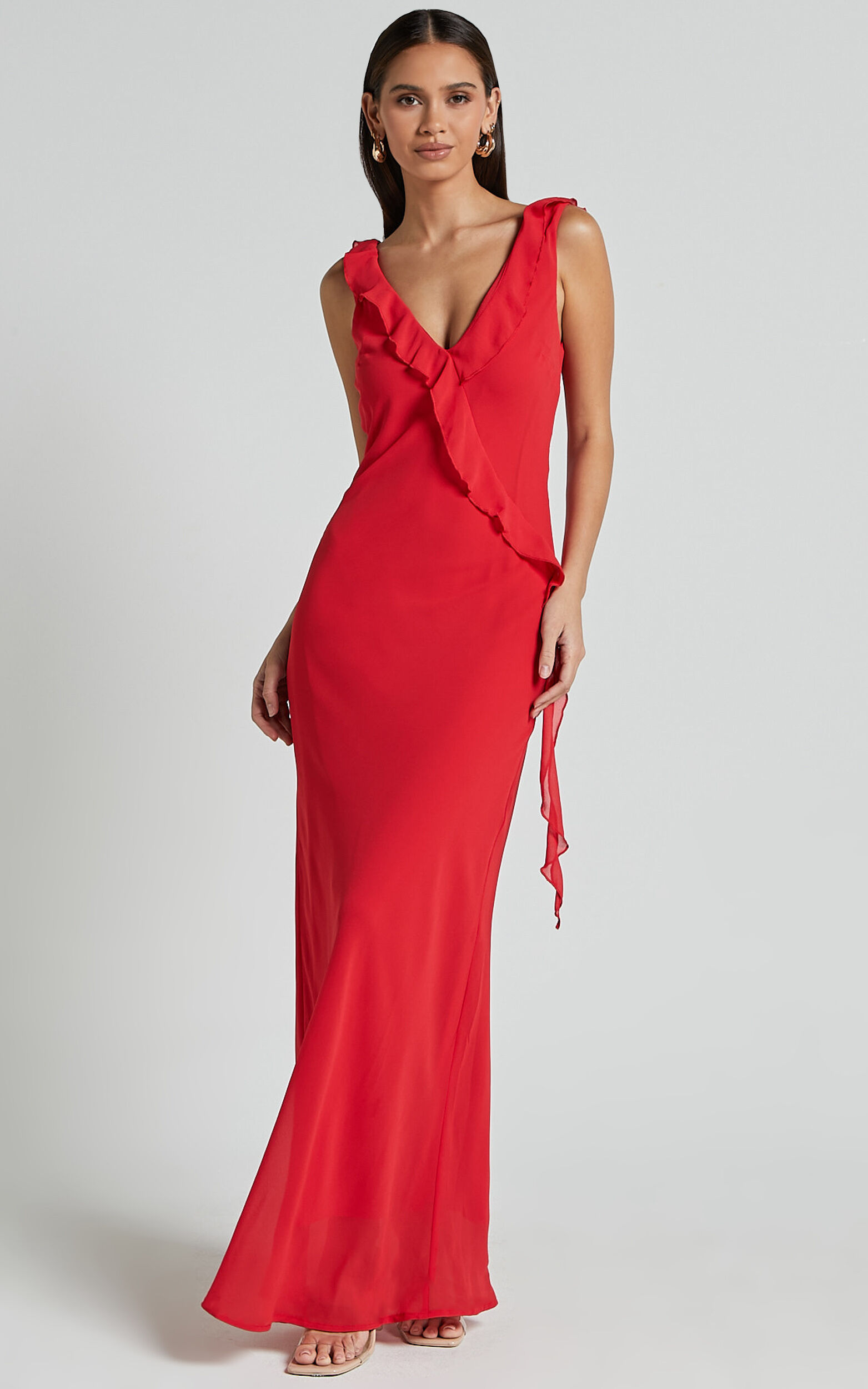 Laurie Midi Dress - Plunge Frill Detail Slip Dress in Red