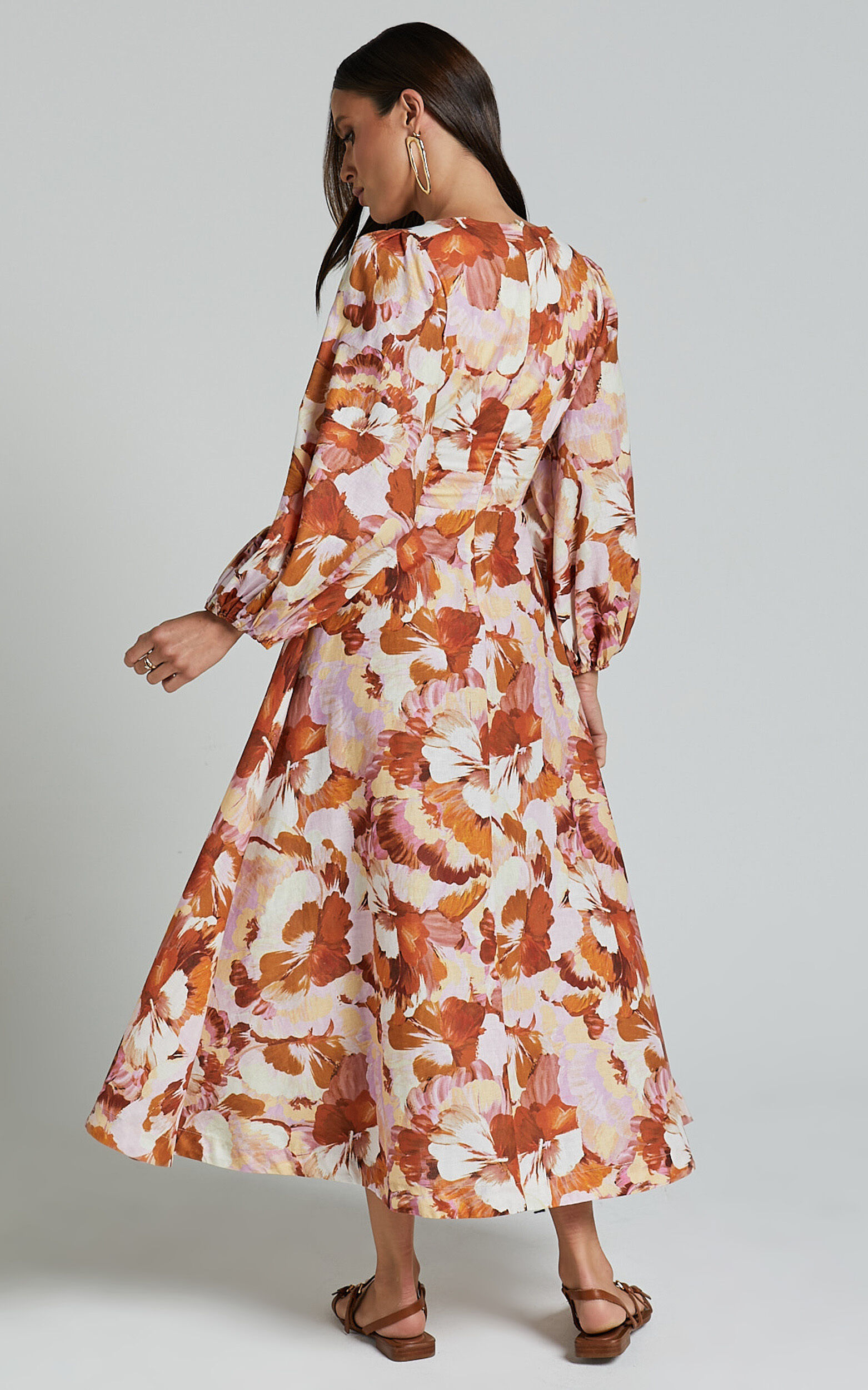 Amalie The Label - Chevonne Linen Blend Tie Front Puff Sleeve Maxi Dress in Baku Print