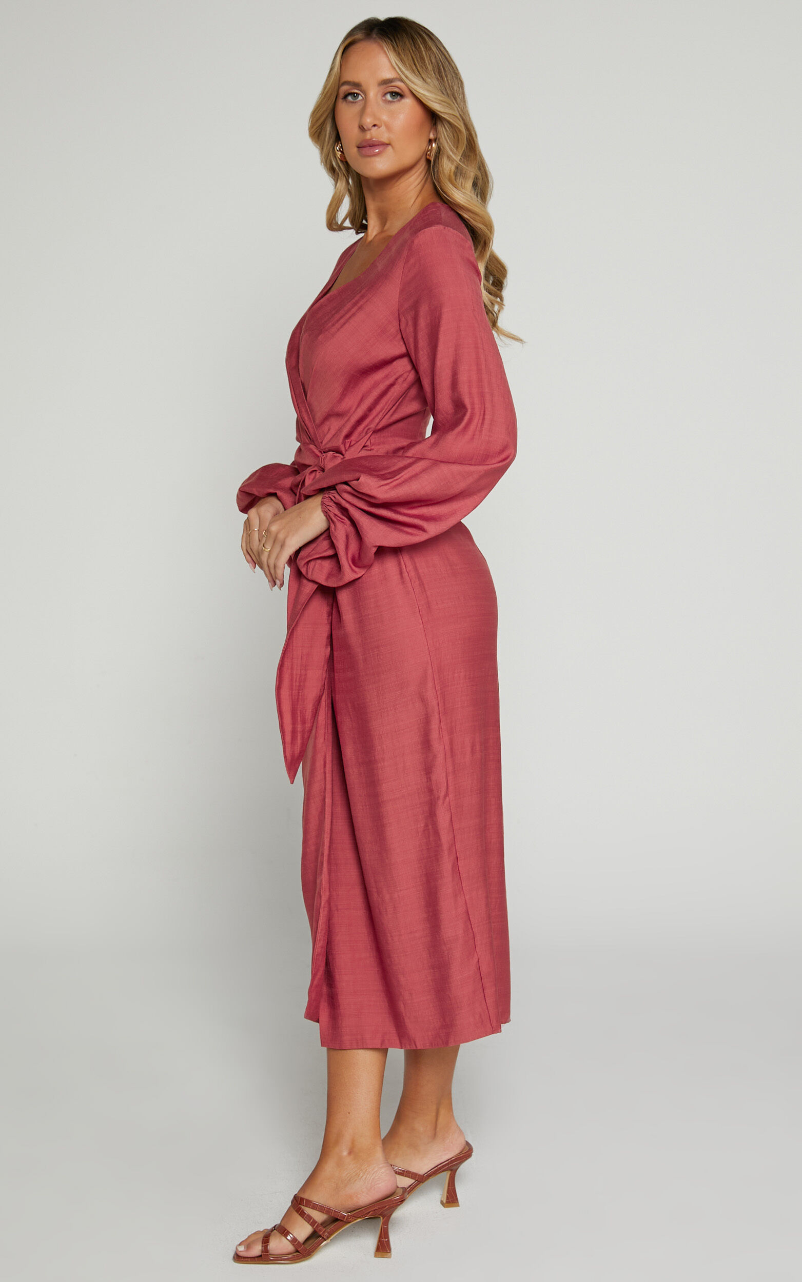 Taylor Midi Dress - Long Sleeve Wrap Dress in Clay