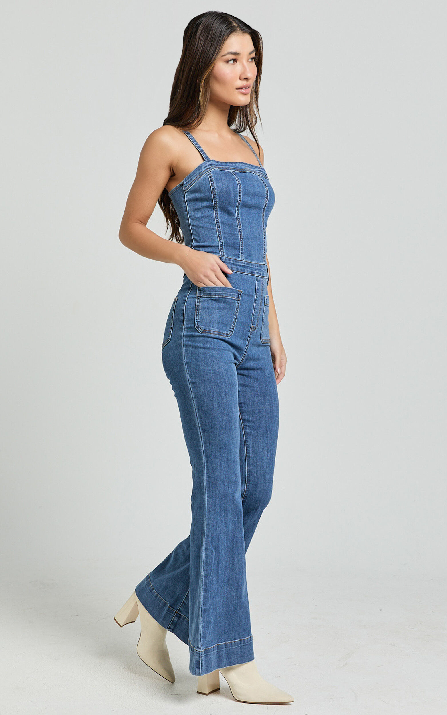 Joey Jumpsuit - Panelled Cami Flared Bottom Denim Jumpsuit in Dark Blue Wash