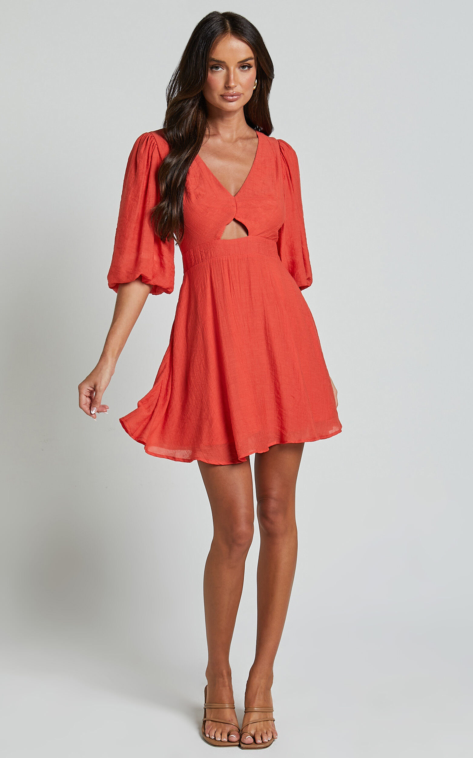 Jackielyn Mini Dress - Front Cut Out V Neck Puff Sleeve A Line Dress in Papaya