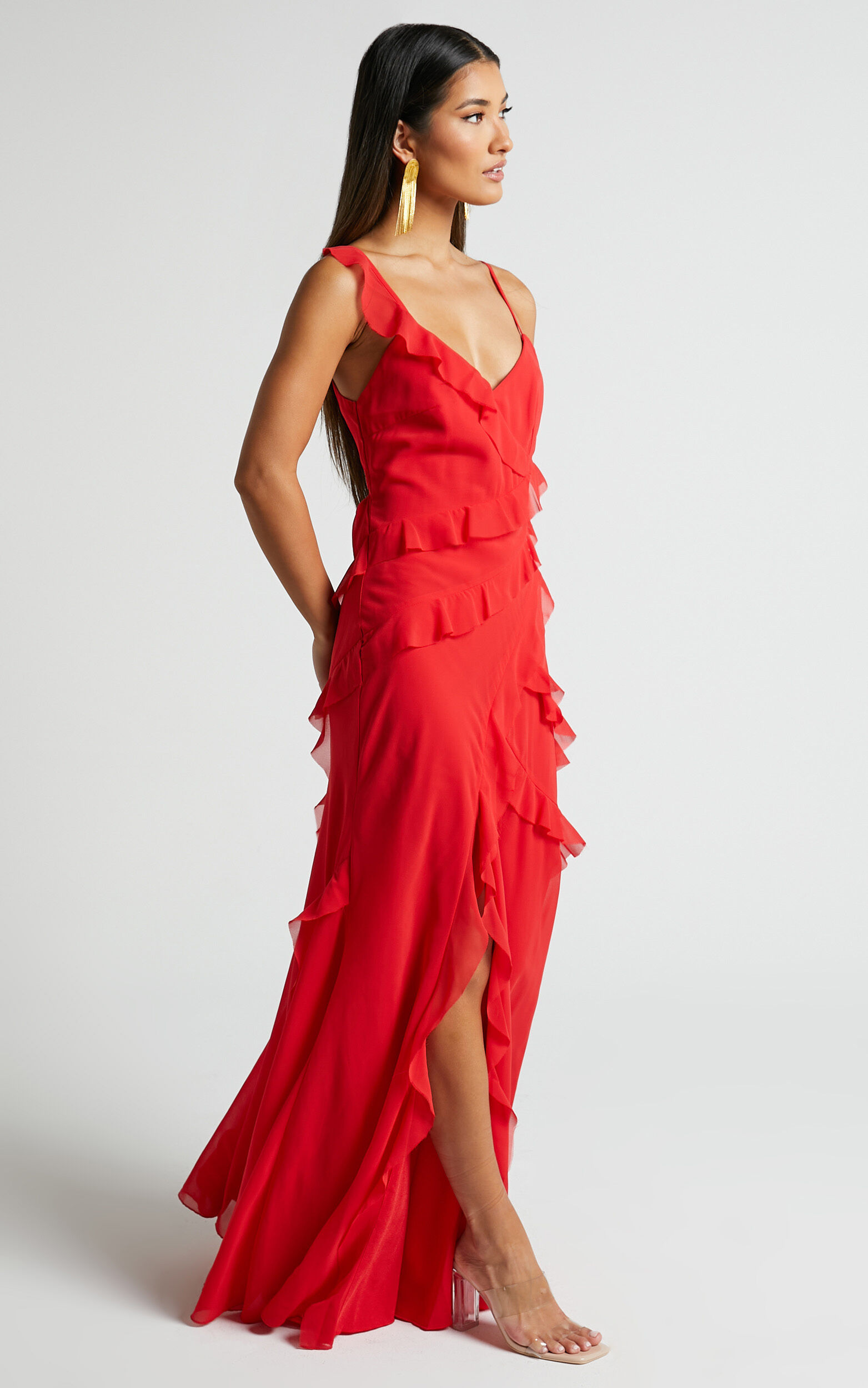 Nitha Maxi Dress - Asymmetrical Frill Thigh Split Dress in Red