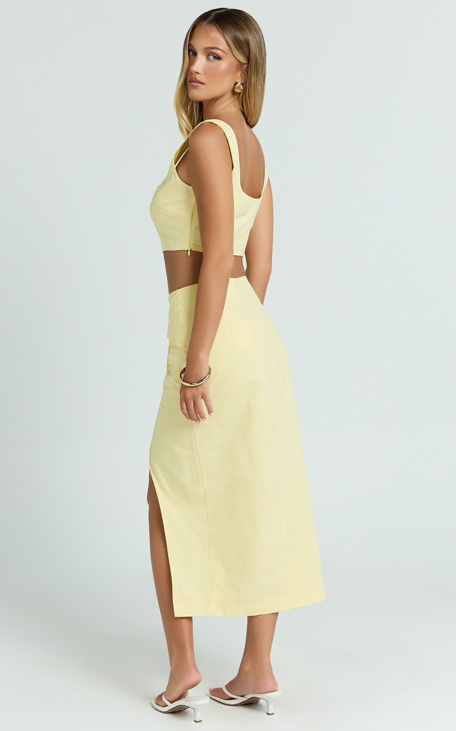 Gibson Two Piece Set - Linen Crop Top and Knot Front Midi Skirt Set in Yellow